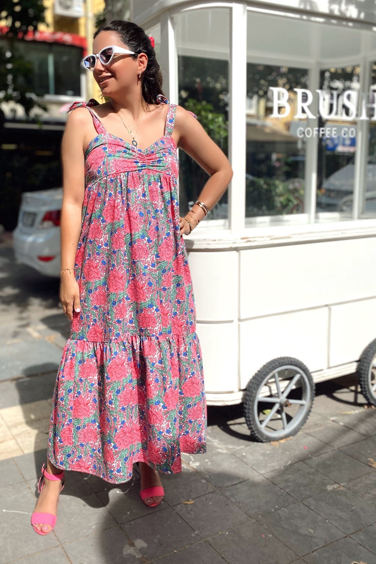 Pembe Bağlamalı Renkli Poplin Elbise