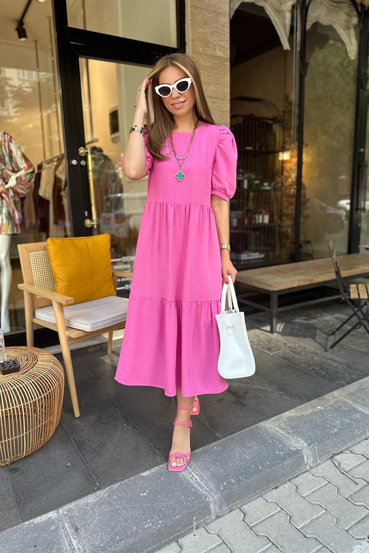 Pembe Balon Kol Keten Elbise