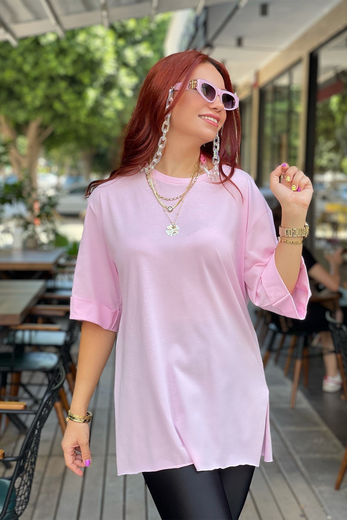Pembe Basic Uzun Boyfriend Tshirt
