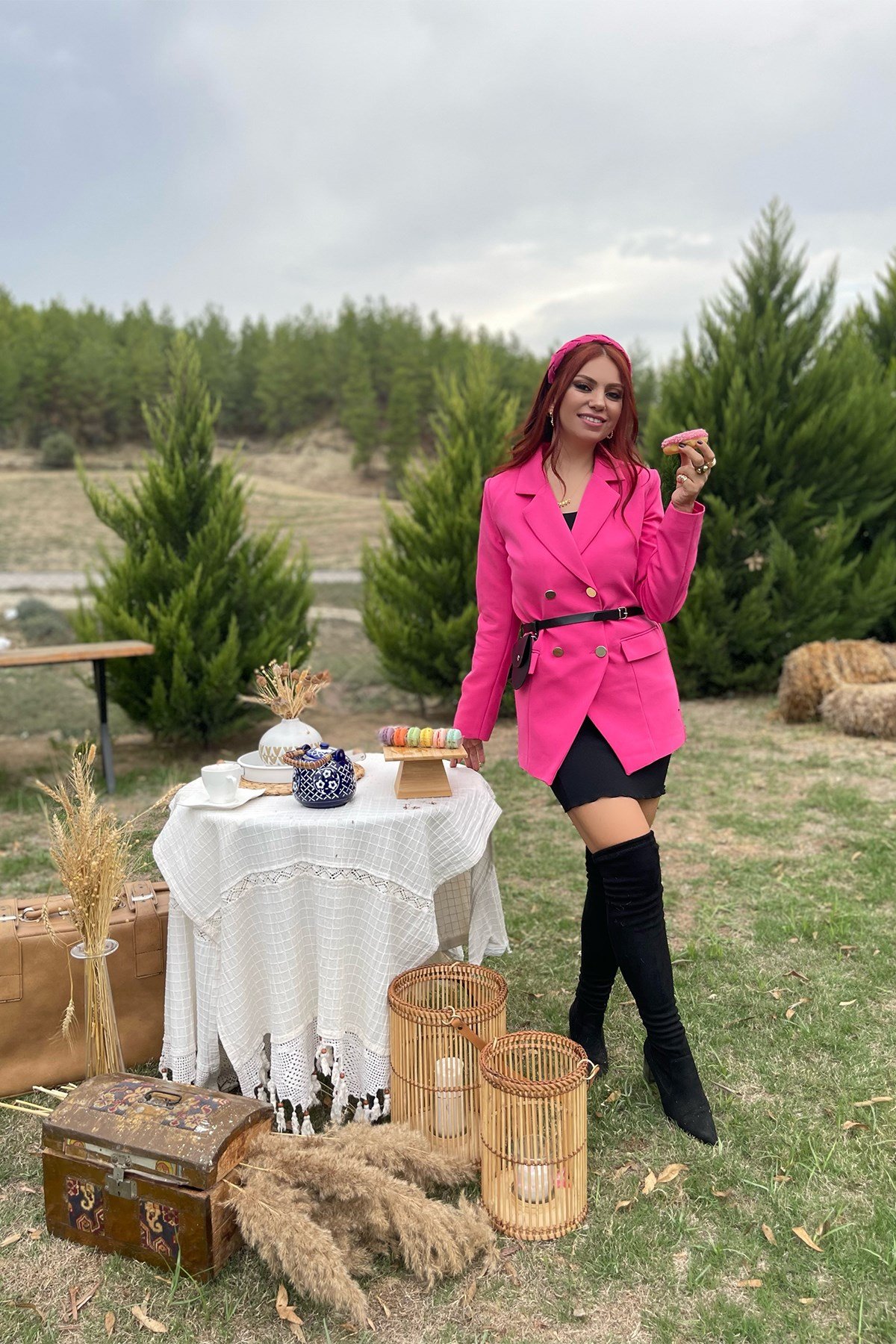 Pembe Çanta Kemerli Blazer Ceket
