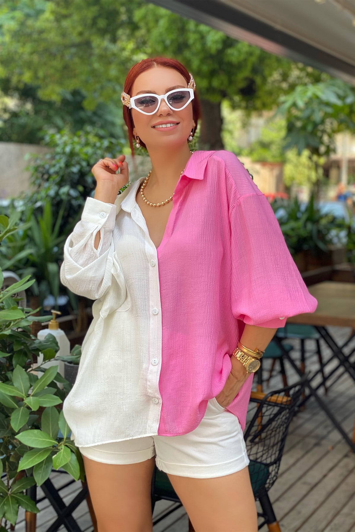 Pembe Çift Renk Oversize Gömlek