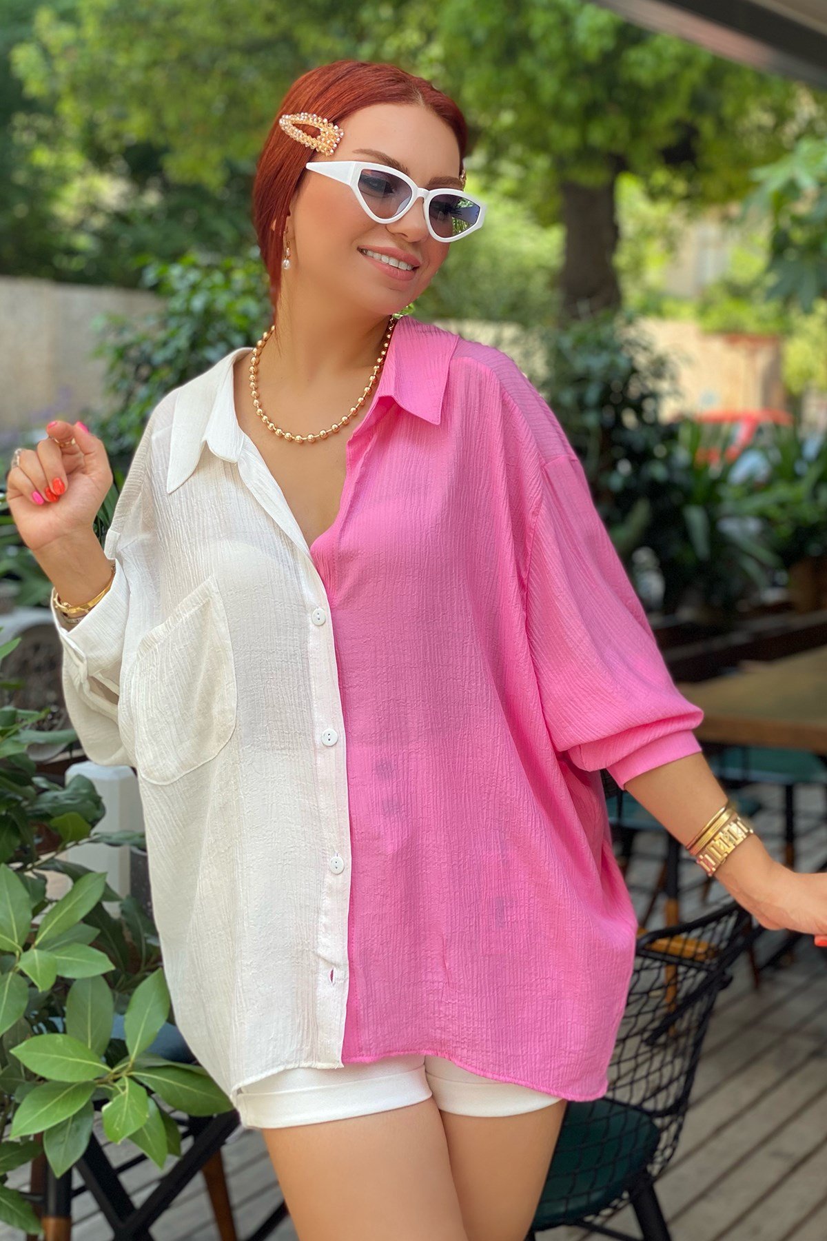 Pembe Çift Renk Oversize Gömlek