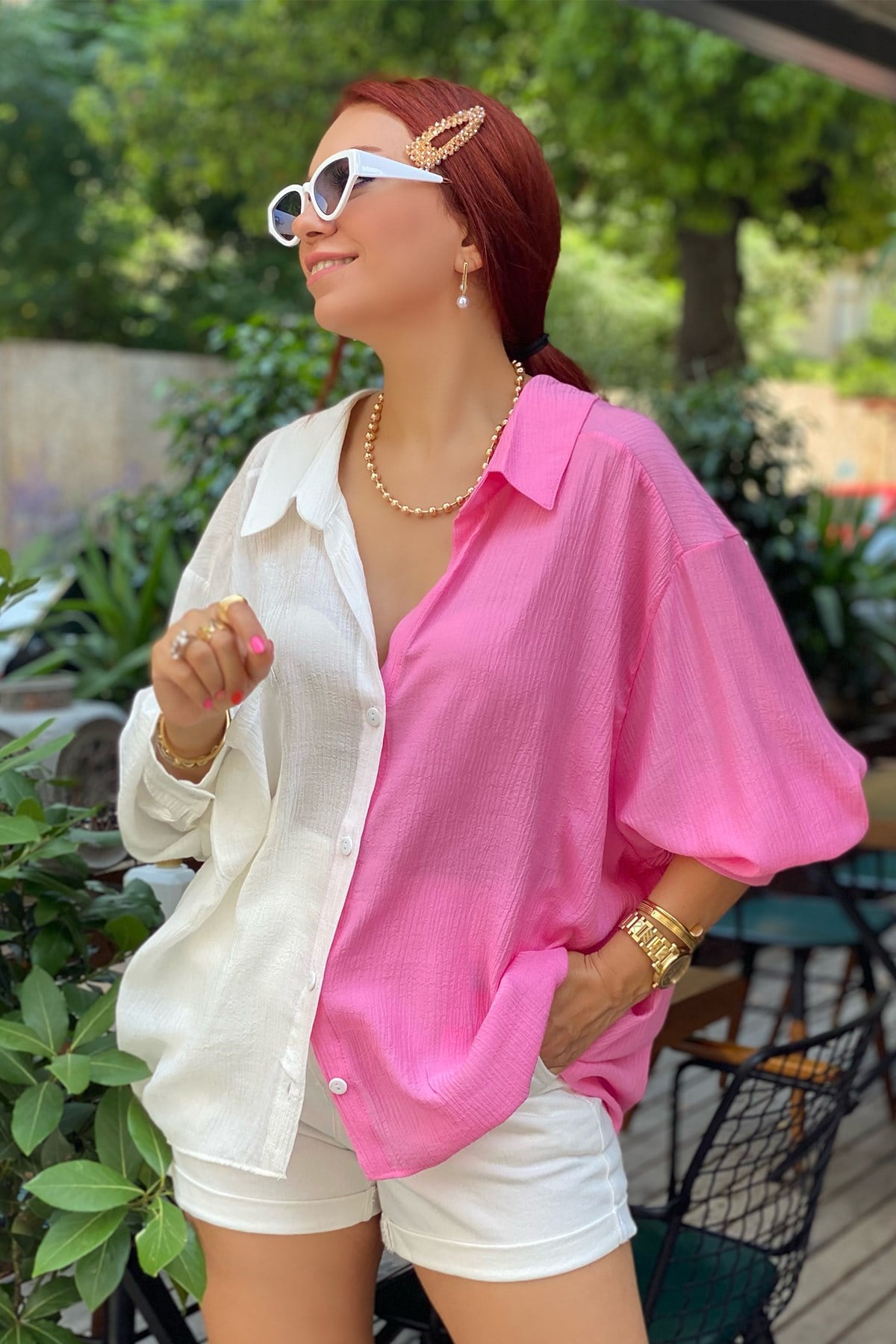 Pembe Çift Renk Oversize Gömlek