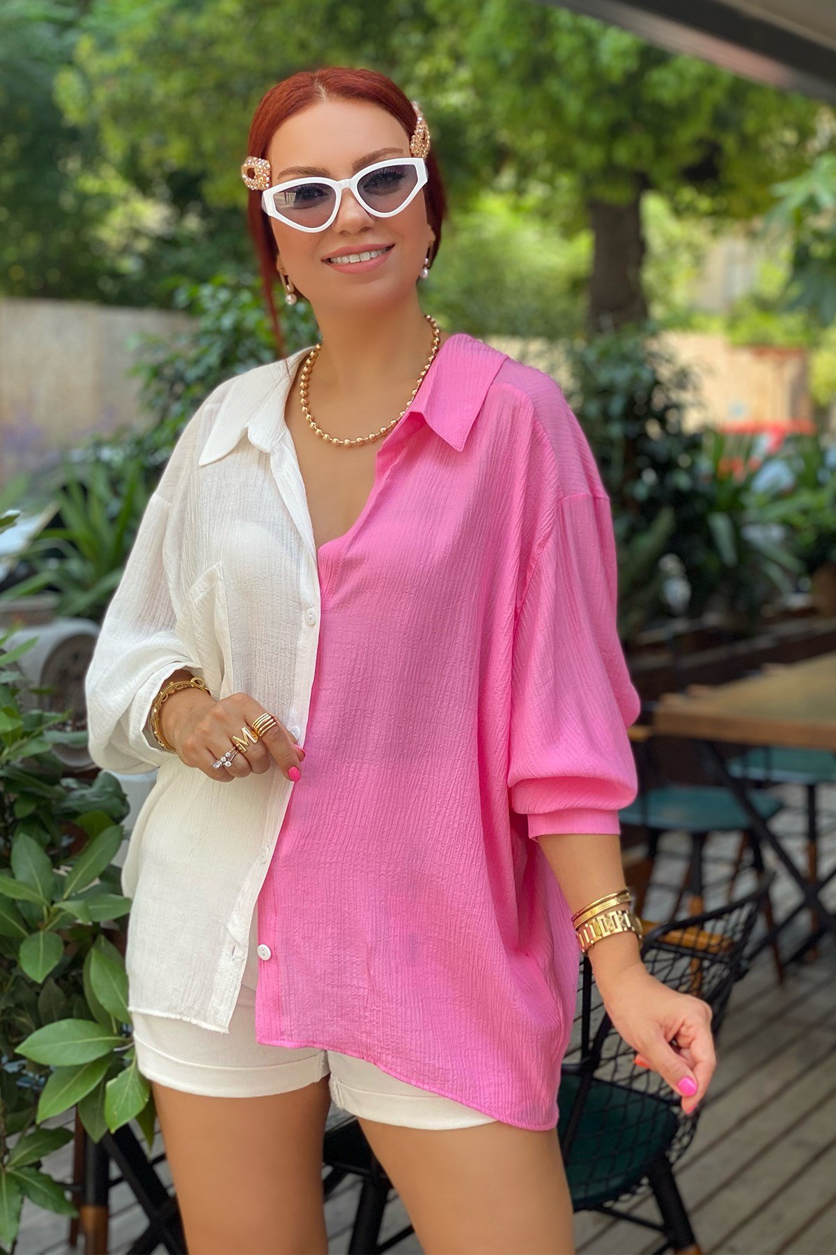 Pembe Çift Renk Oversize Gömlek