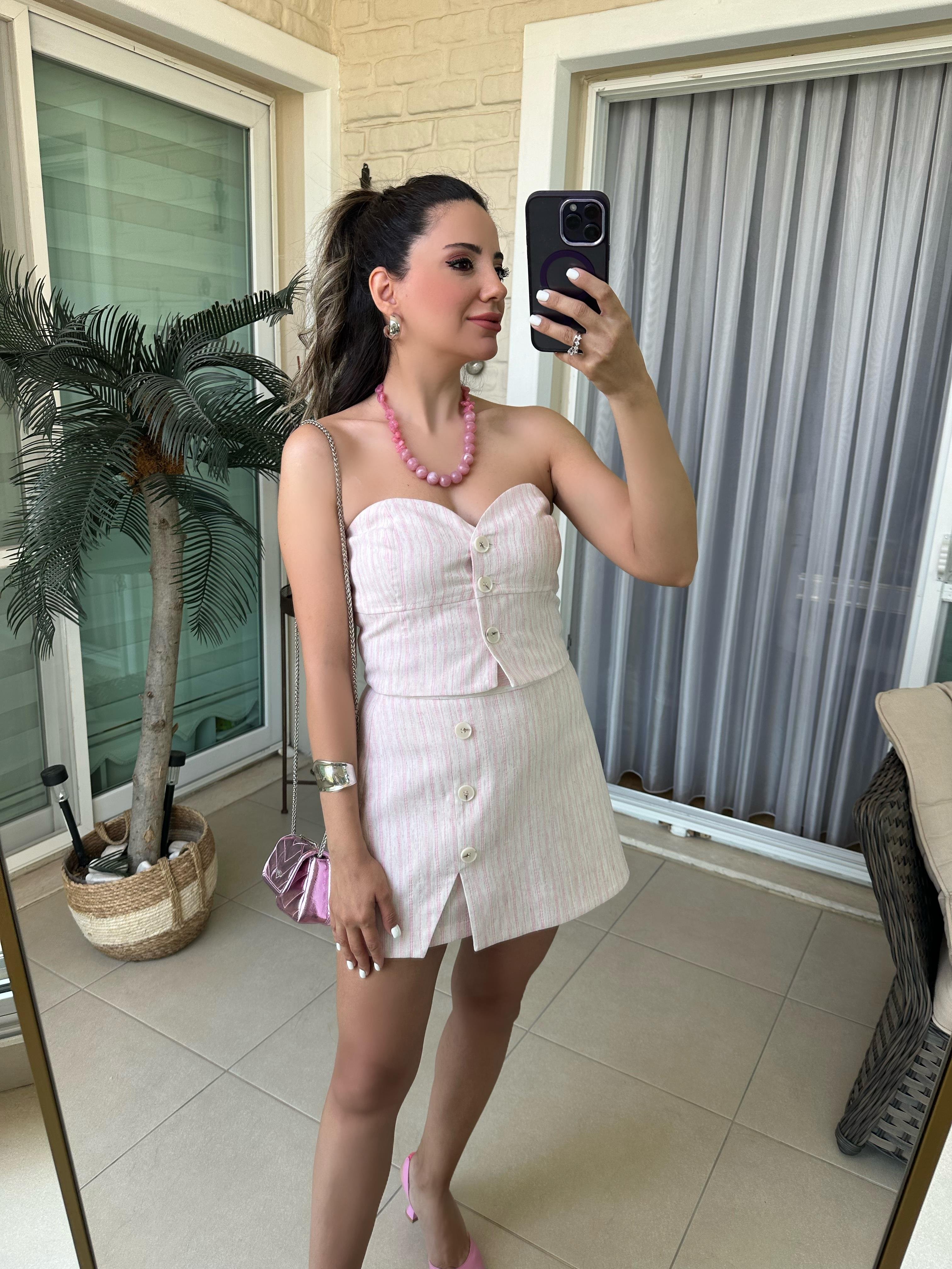 Pembe Çizgili Şort Etek Takım