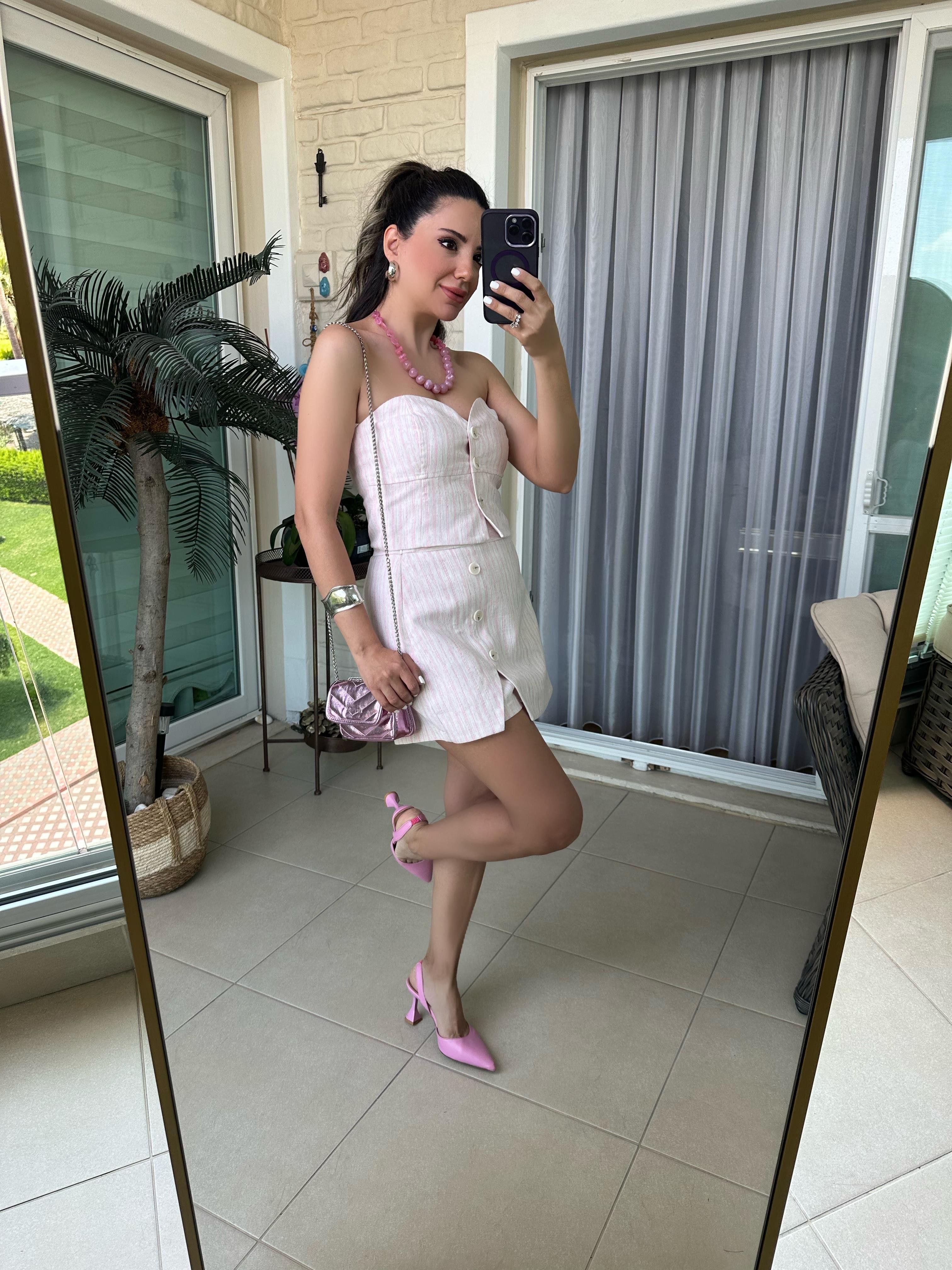 Pembe Çizgili Şort Etek Takım
