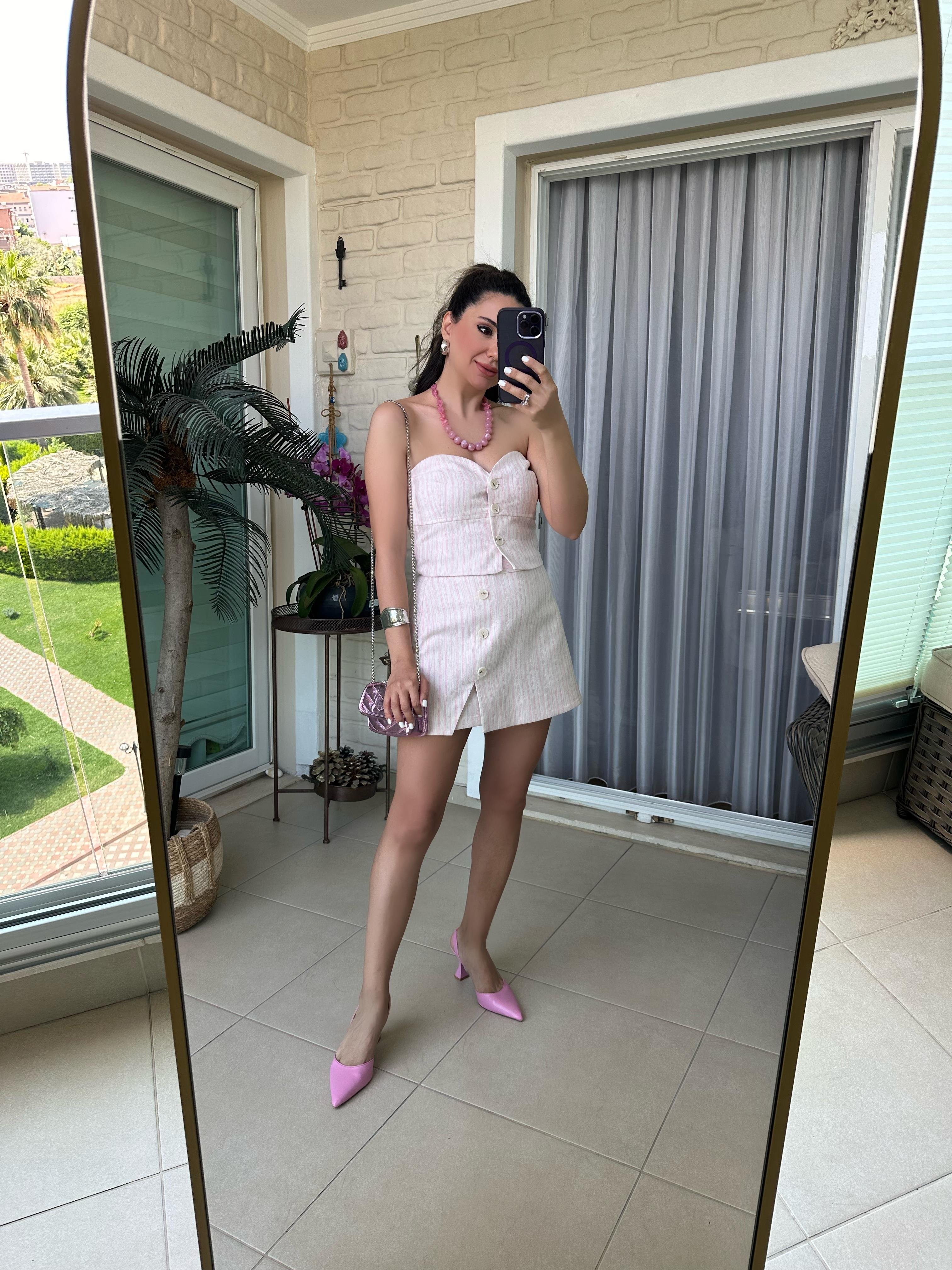Pembe Çizgili Şort Etek Takım