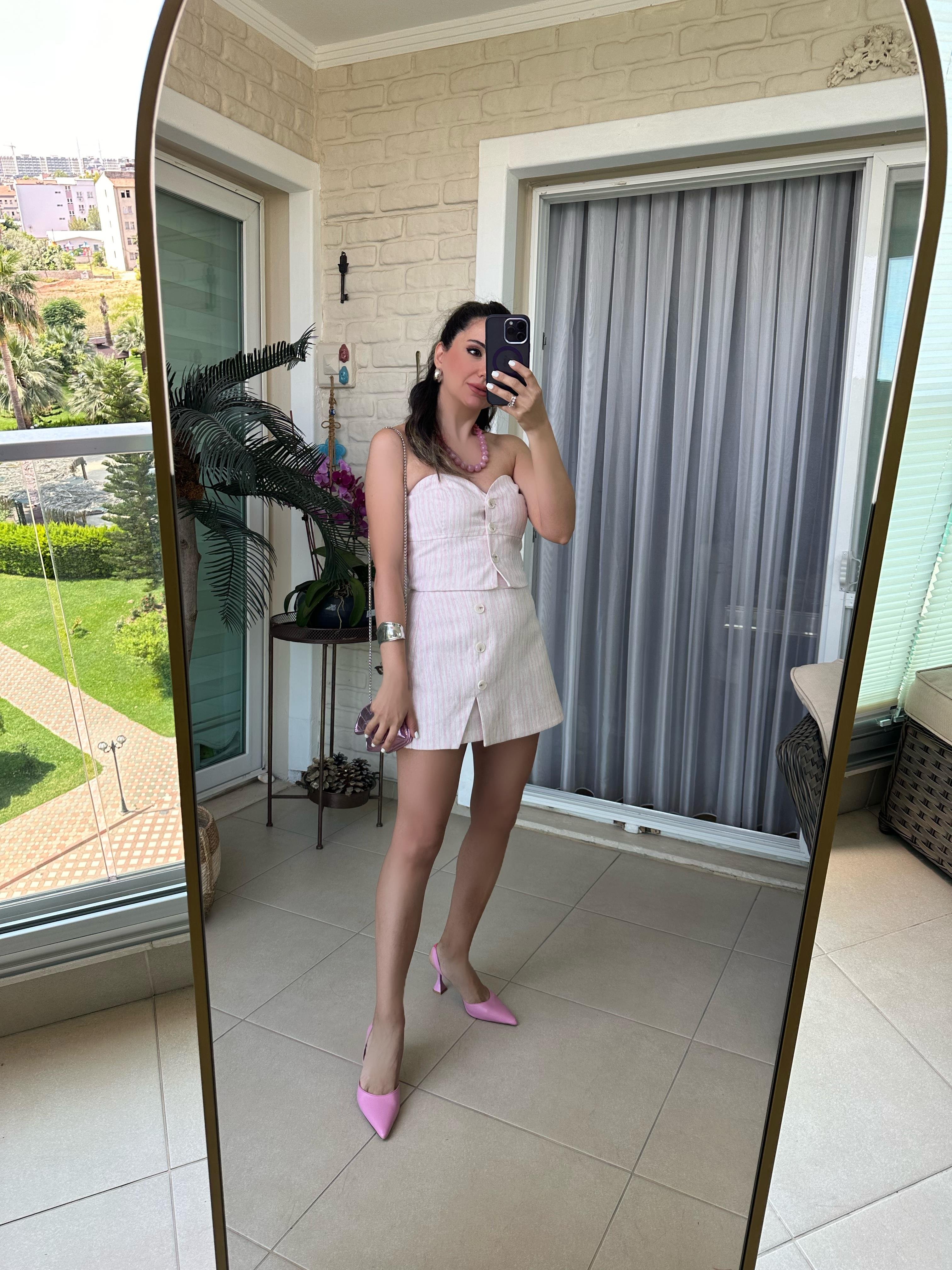 Pembe Çizgili Şort Etek Takım