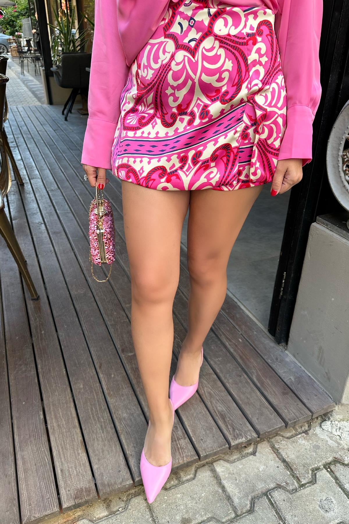 Pembe Desenli Şort Etek