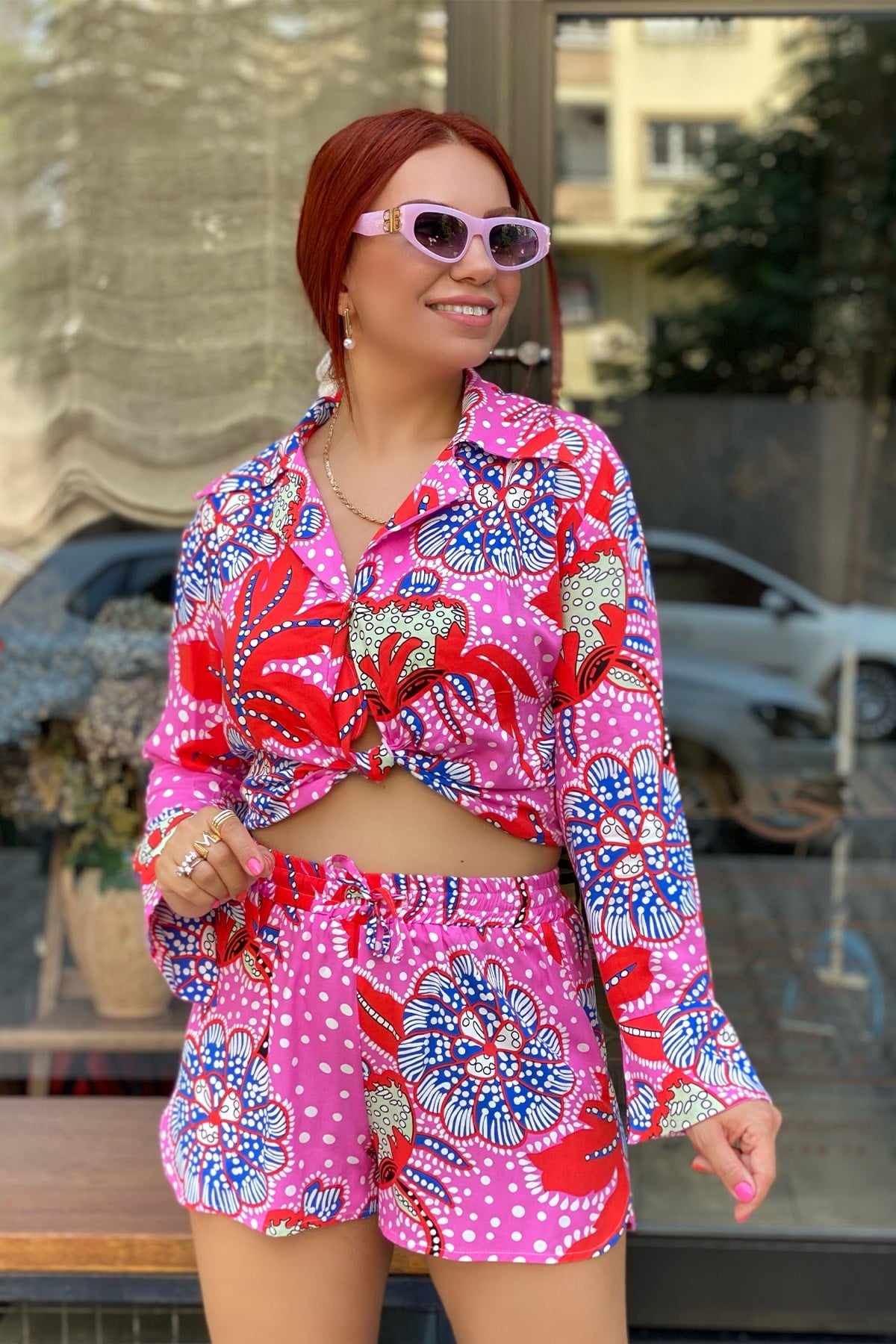 Pembe Desenli Şort Takım