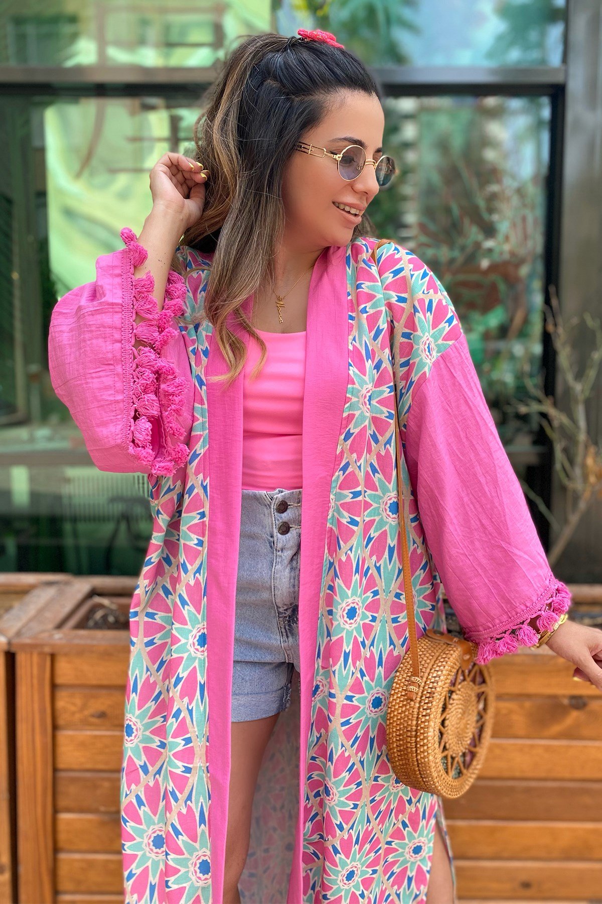 Pembe Desenli Uzun Kimono