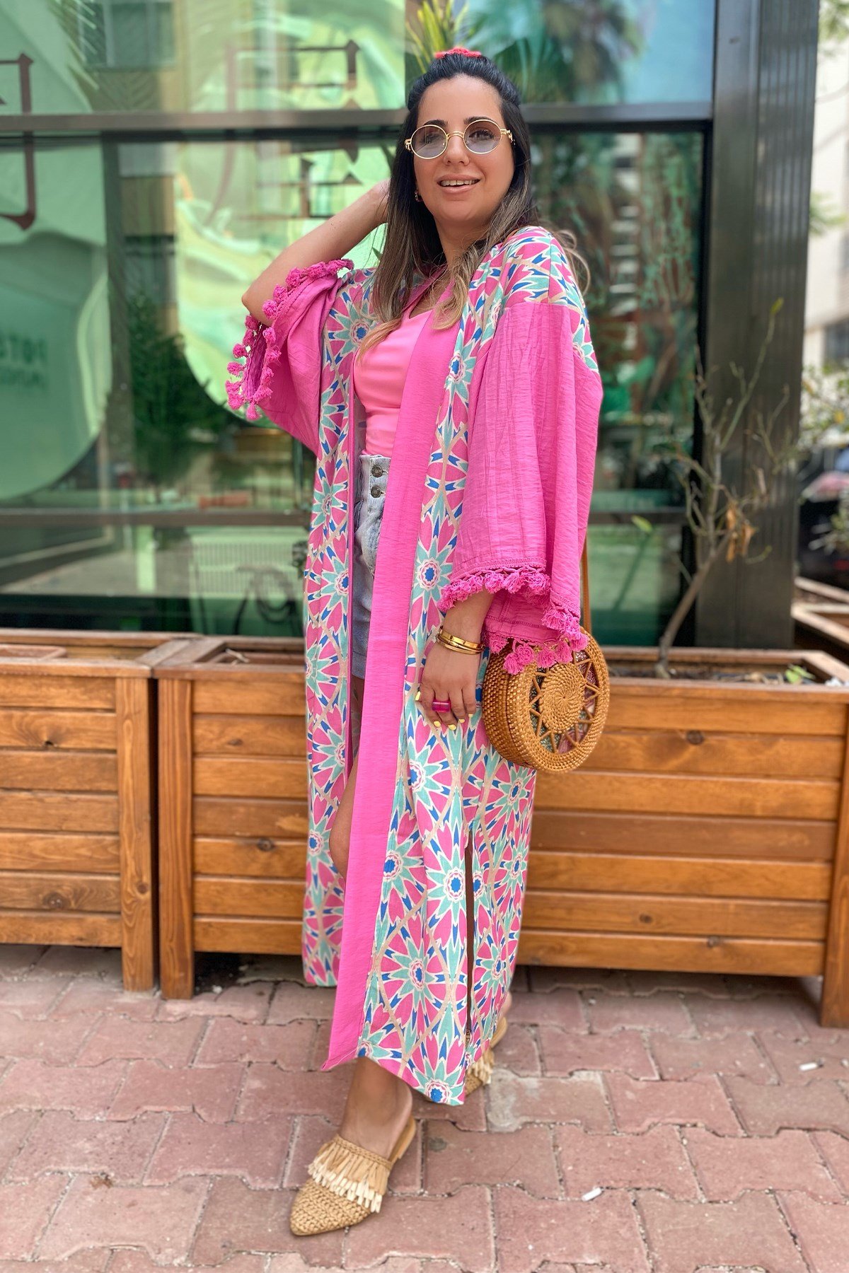 Pembe Desenli Uzun Kimono