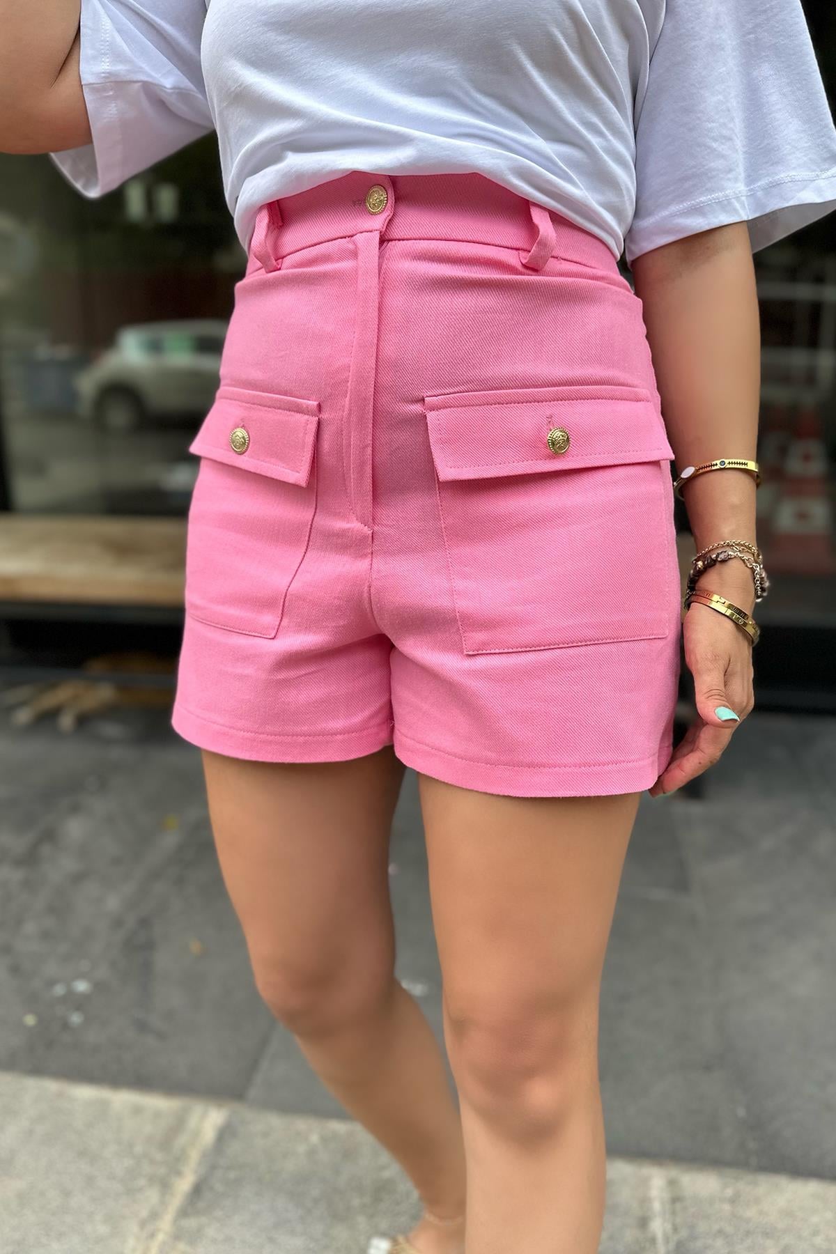 Pembe Gold Düğme Detaylı Şort
