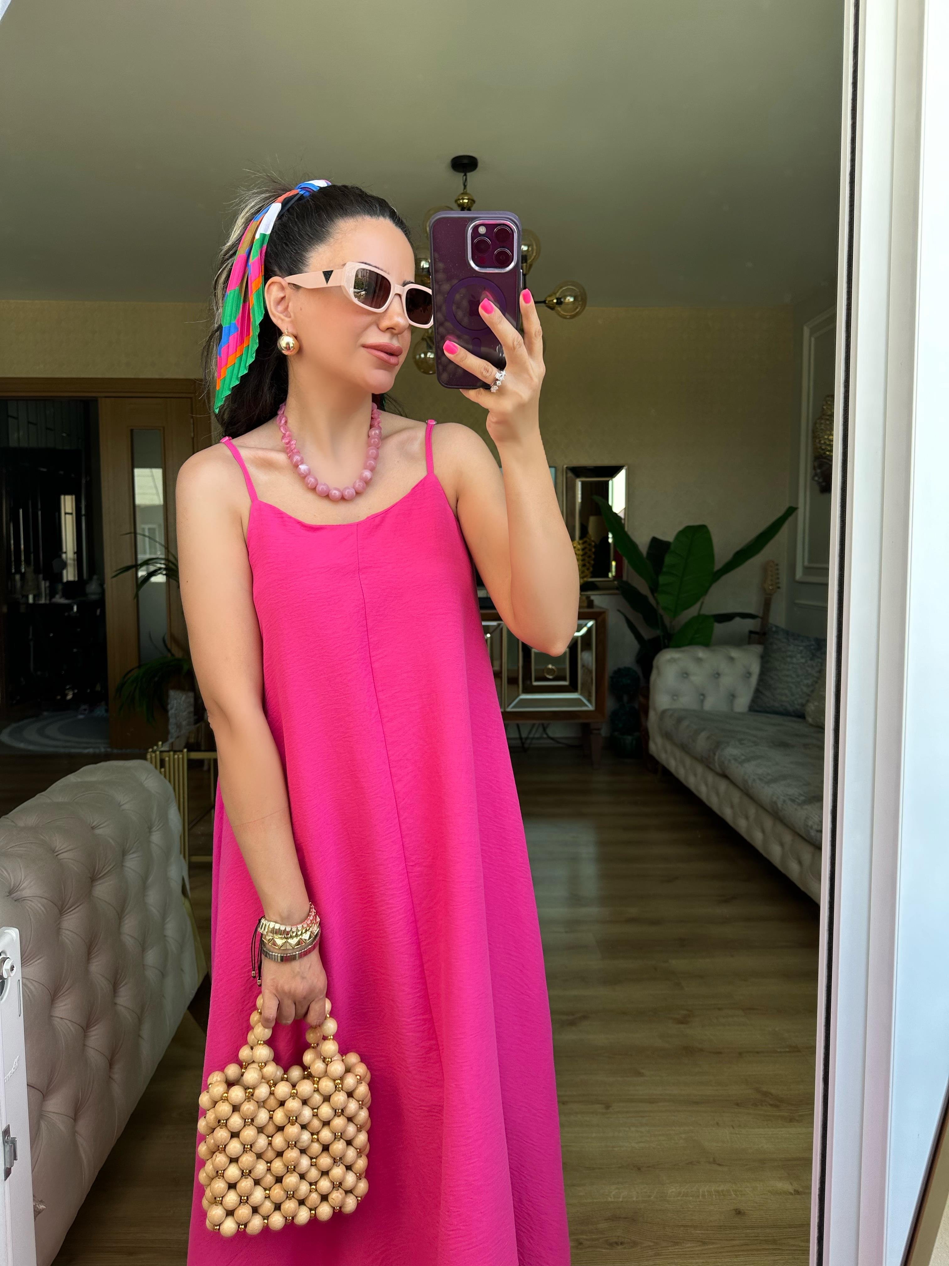 Pembe İp Askılı Elbise