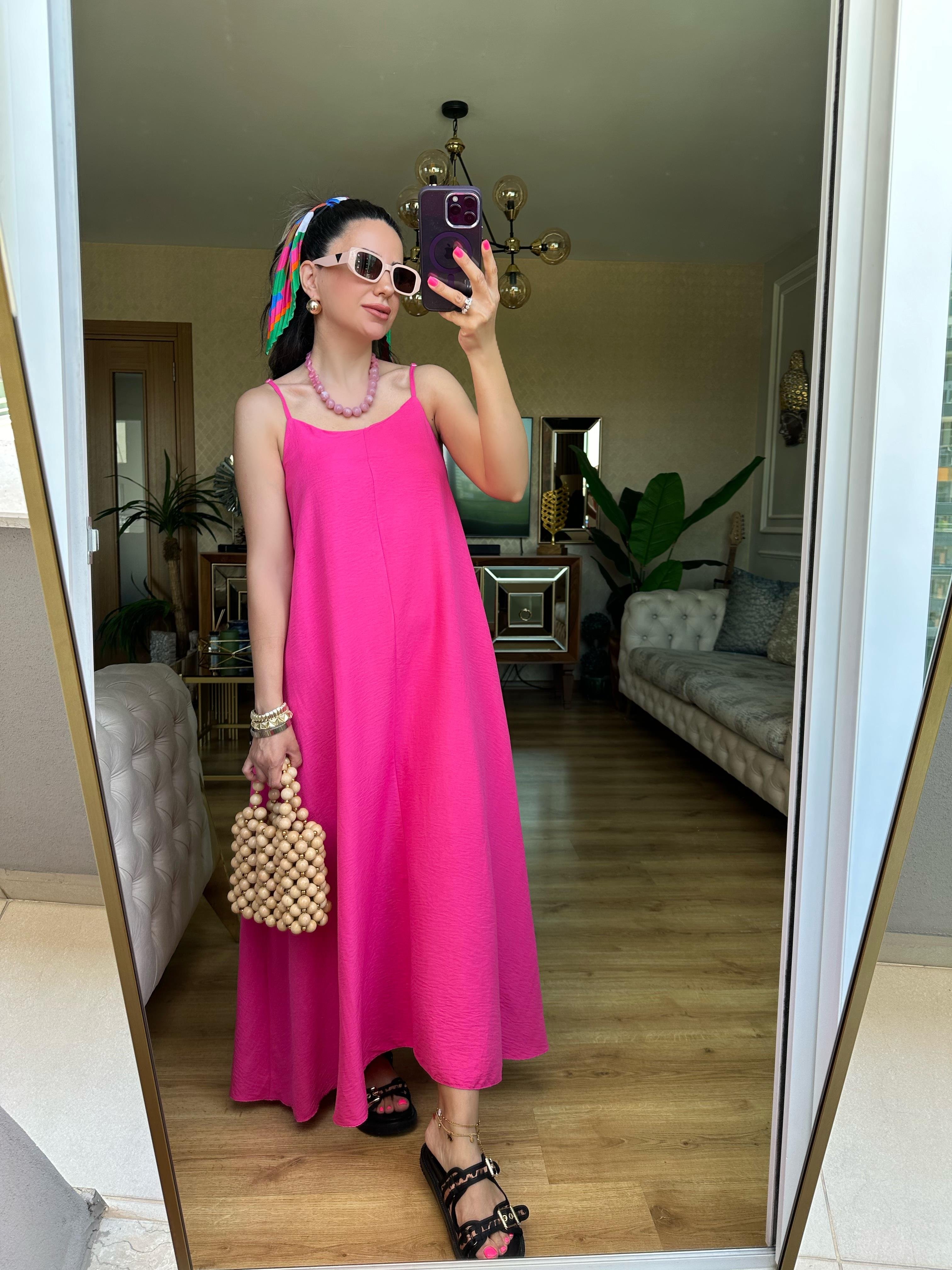 Pembe İp Askılı Elbise