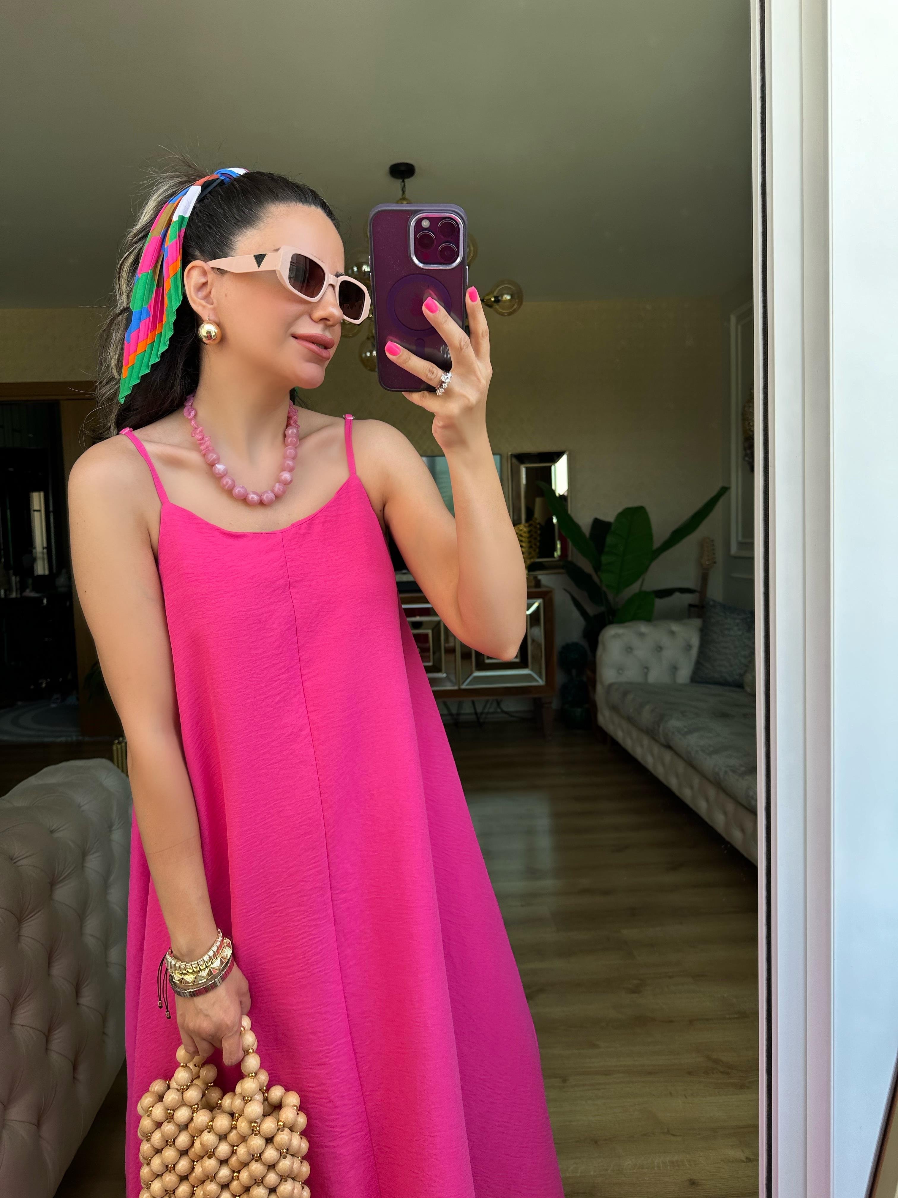 Pembe İp Askılı Elbise