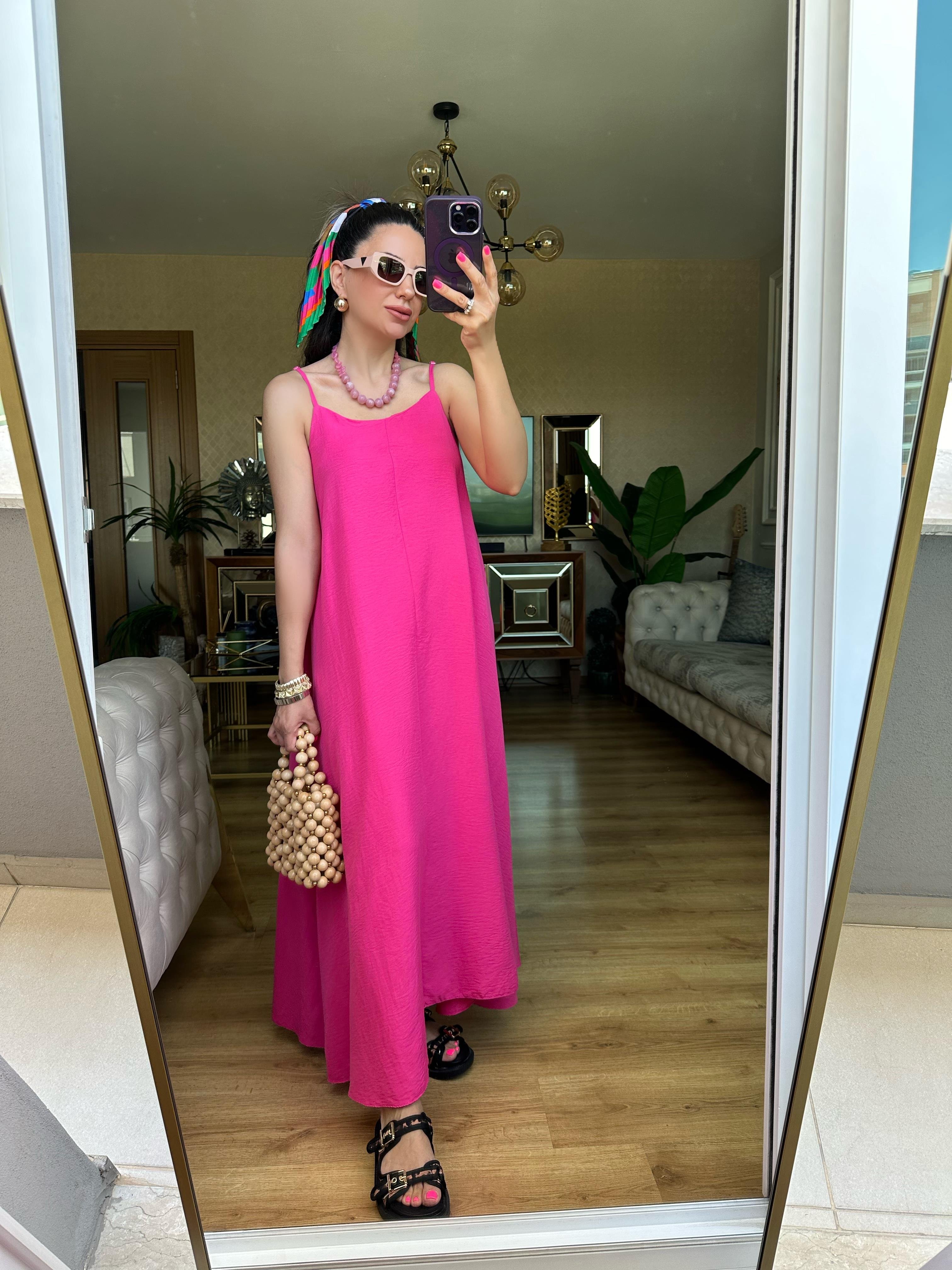 Pembe İp Askılı Elbise