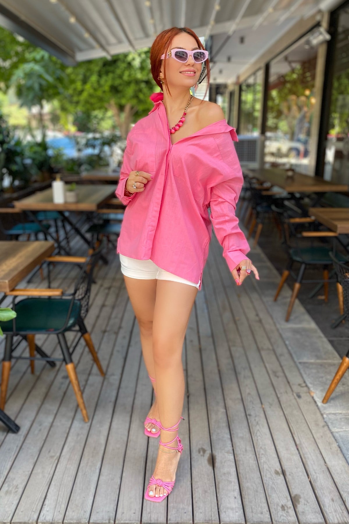 Pembe Keten Çift  Cep Detaylı Gömlek