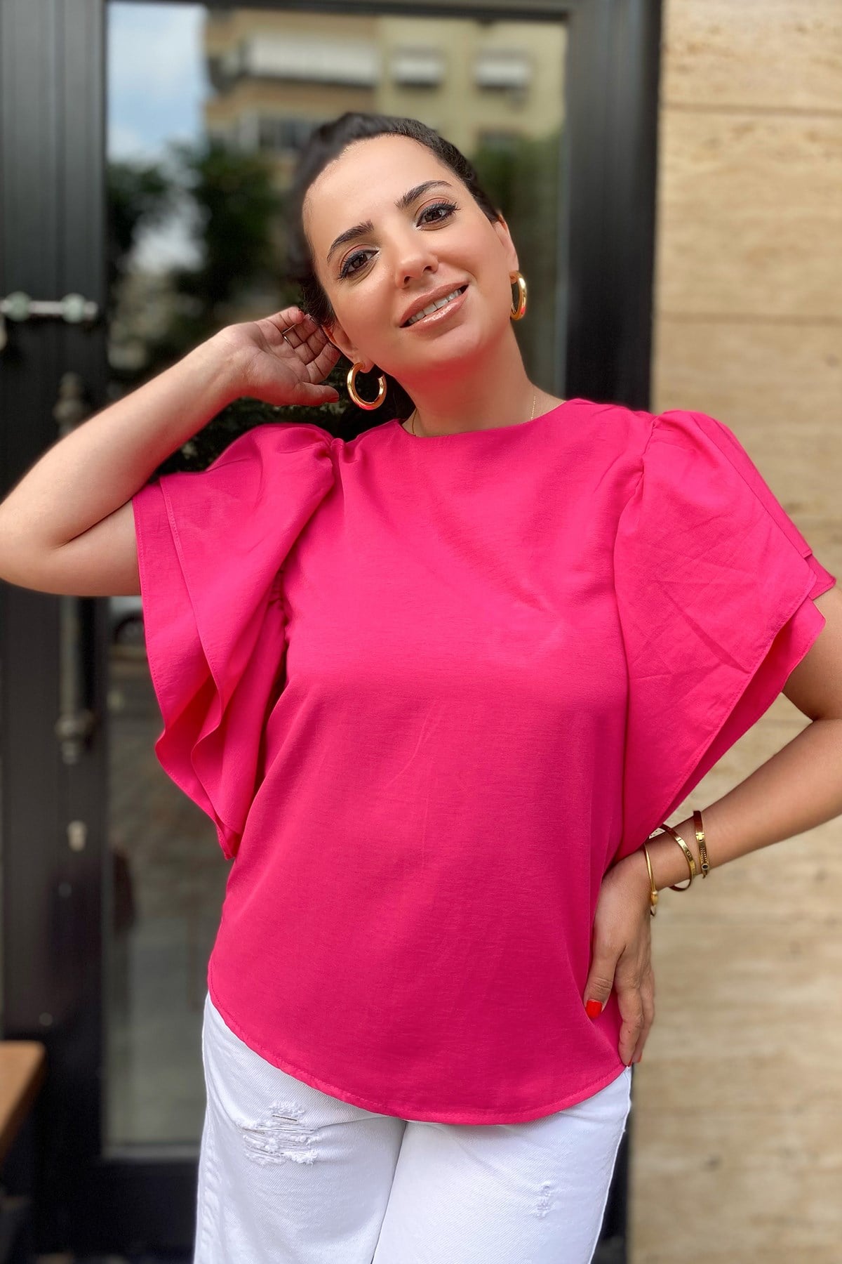 Pembe Kolları Volanlı Bluz 