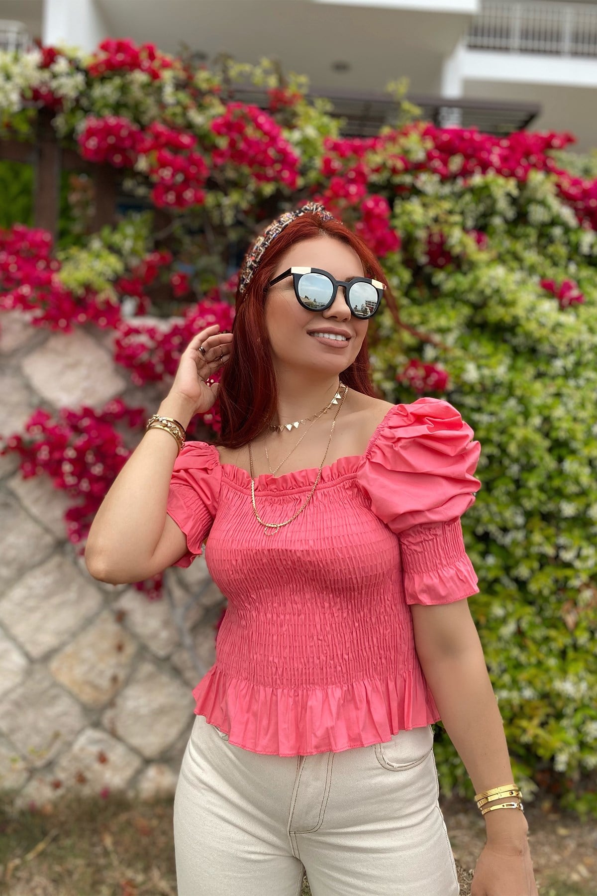 Pembe Kolu Lastikli Gipeli Bluz