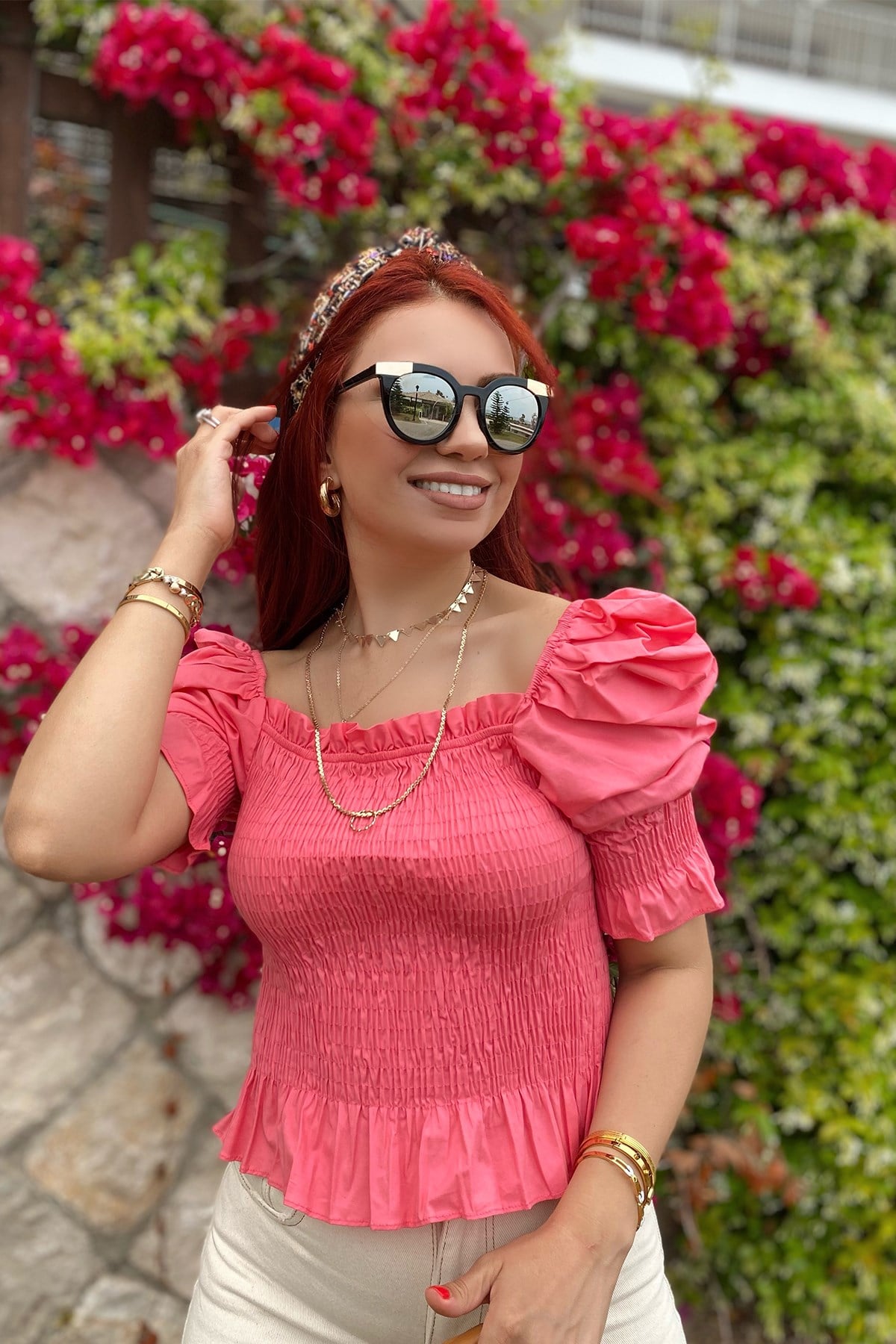 Pembe Kolu Lastikli Gipeli Bluz
