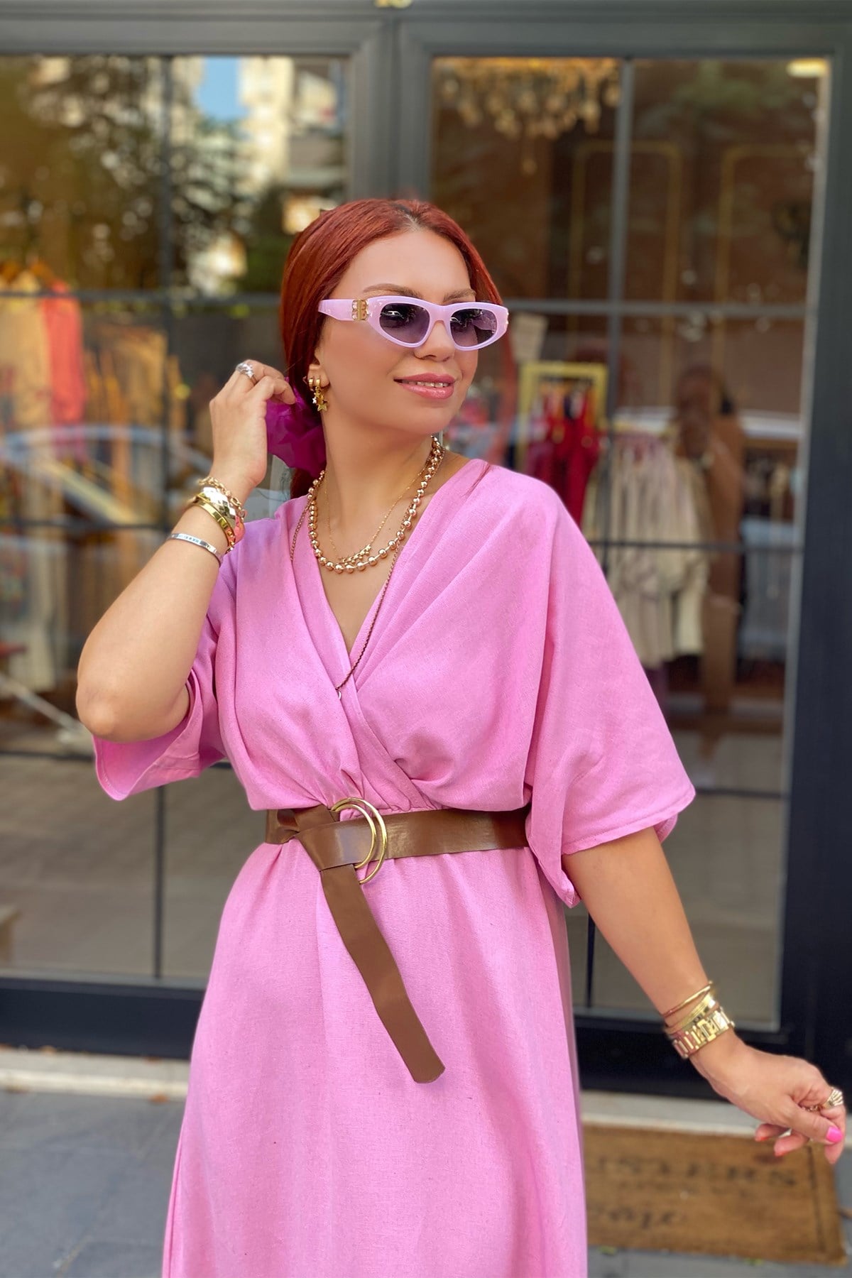 Pembe Kruvaze Kemerli Elbise