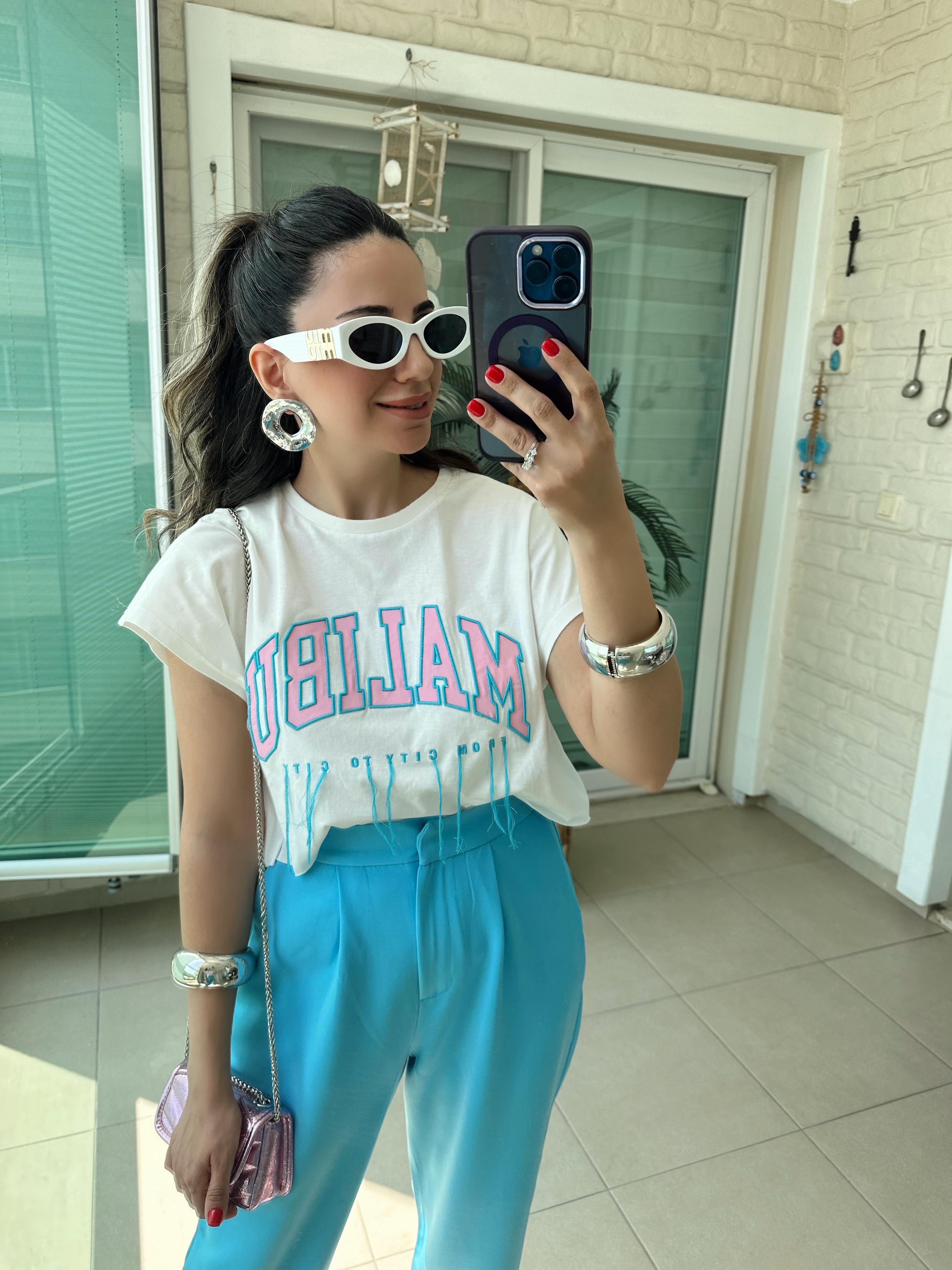 Pembe Malibu Baskılı Crop Tshirt