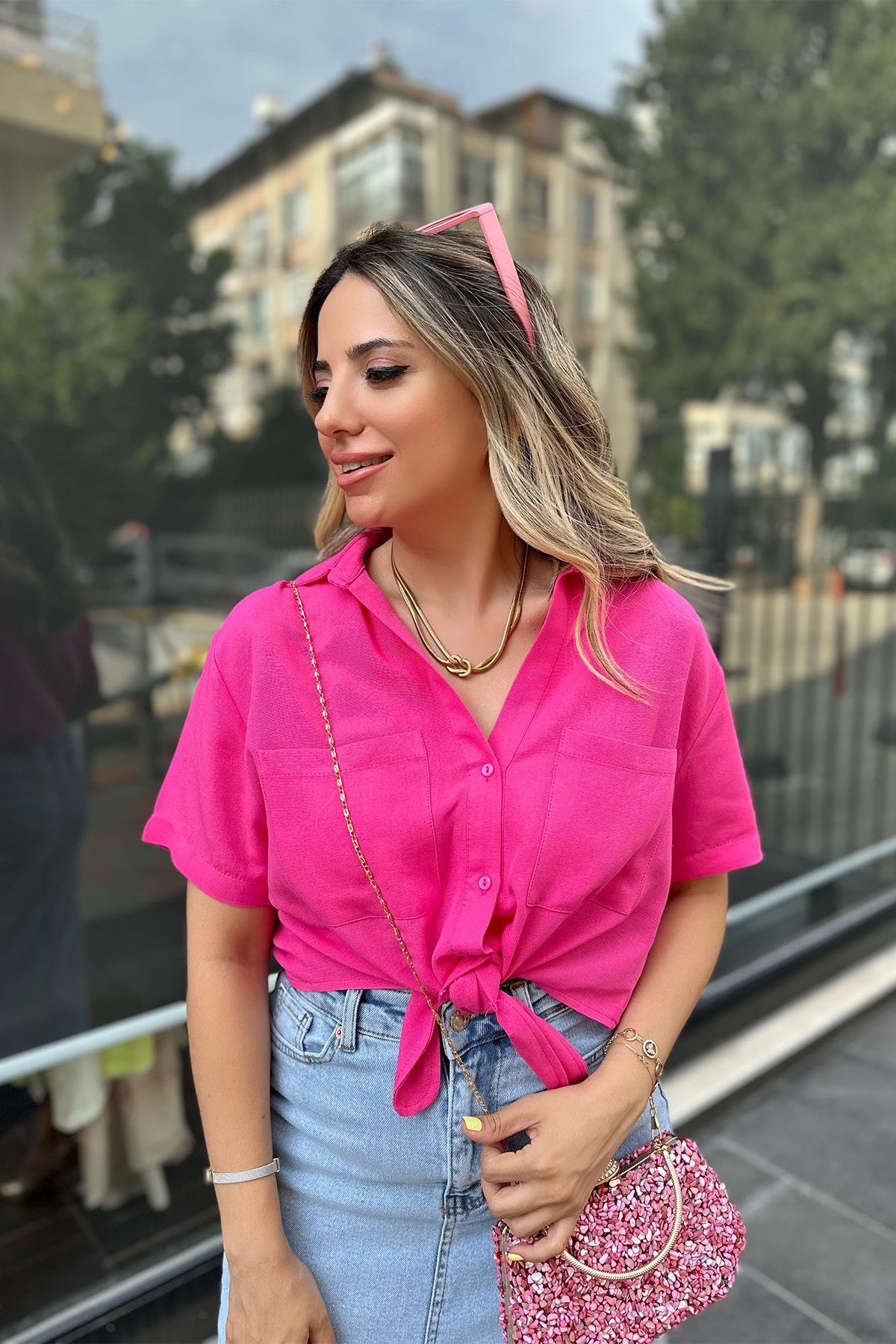 Pembe Önden Bağlamalı Gömlek