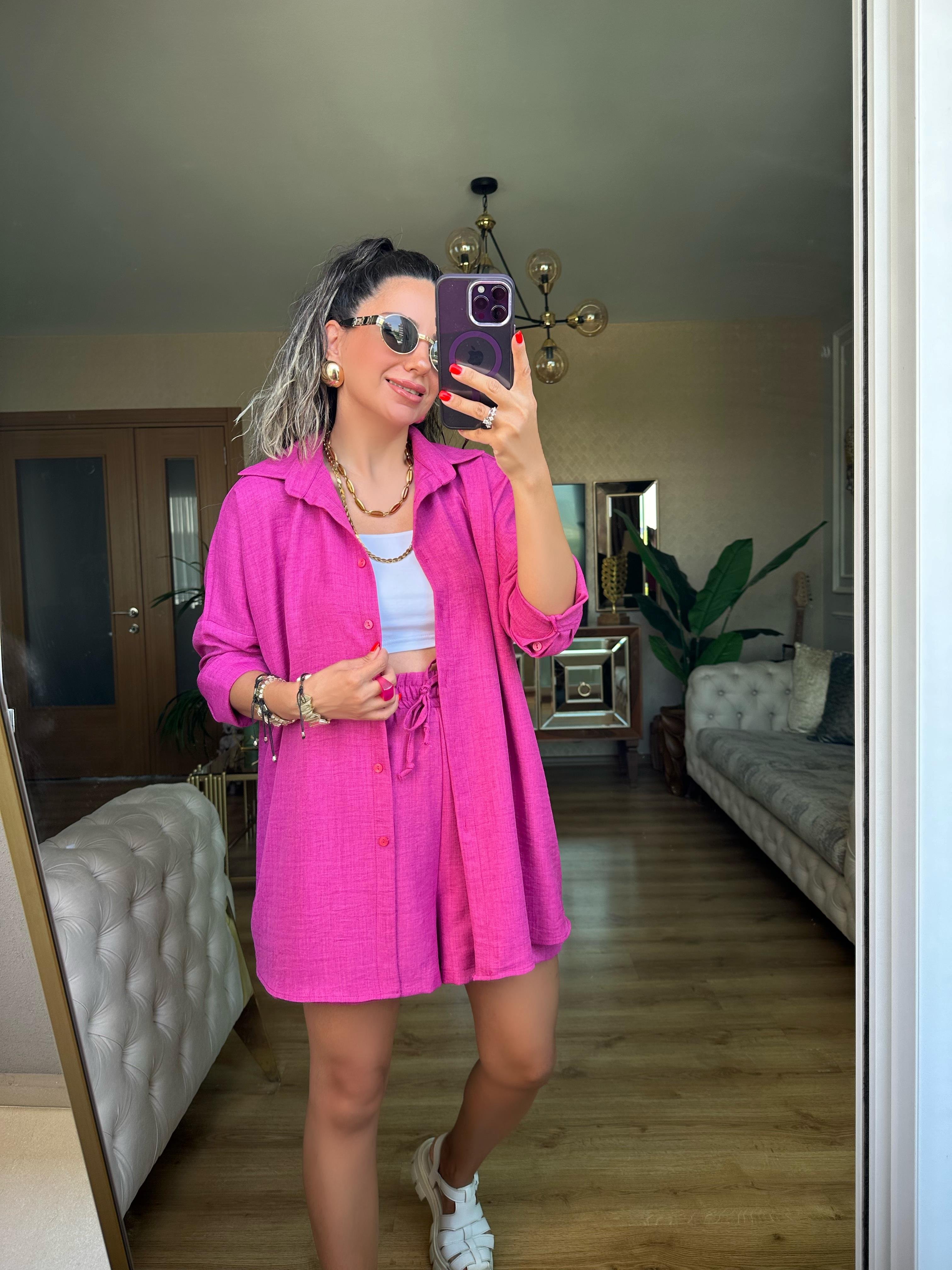 Pembe Orj Marka Şort Gömlek Takım