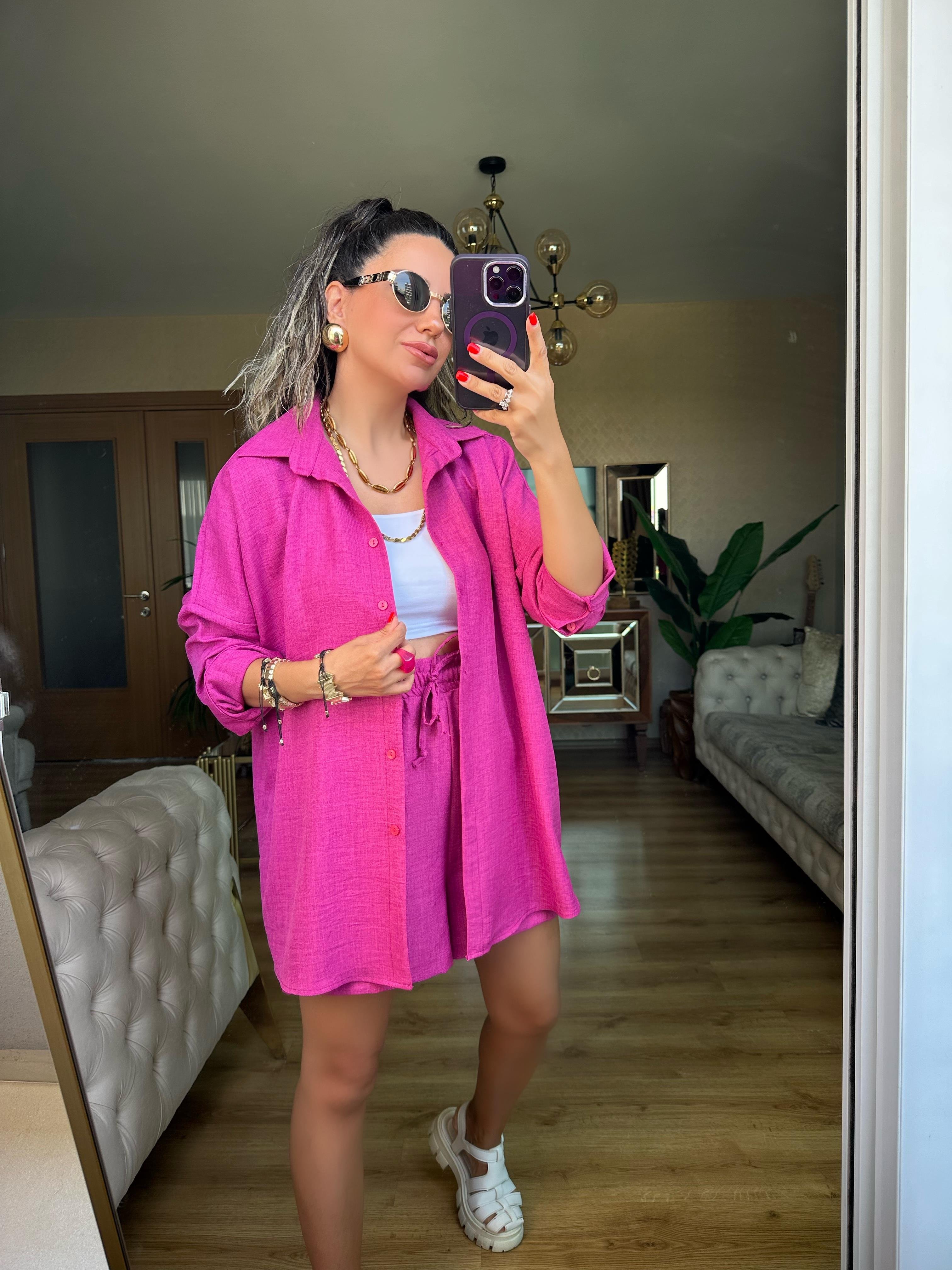 Pembe Orj Marka Şort Gömlek Takım