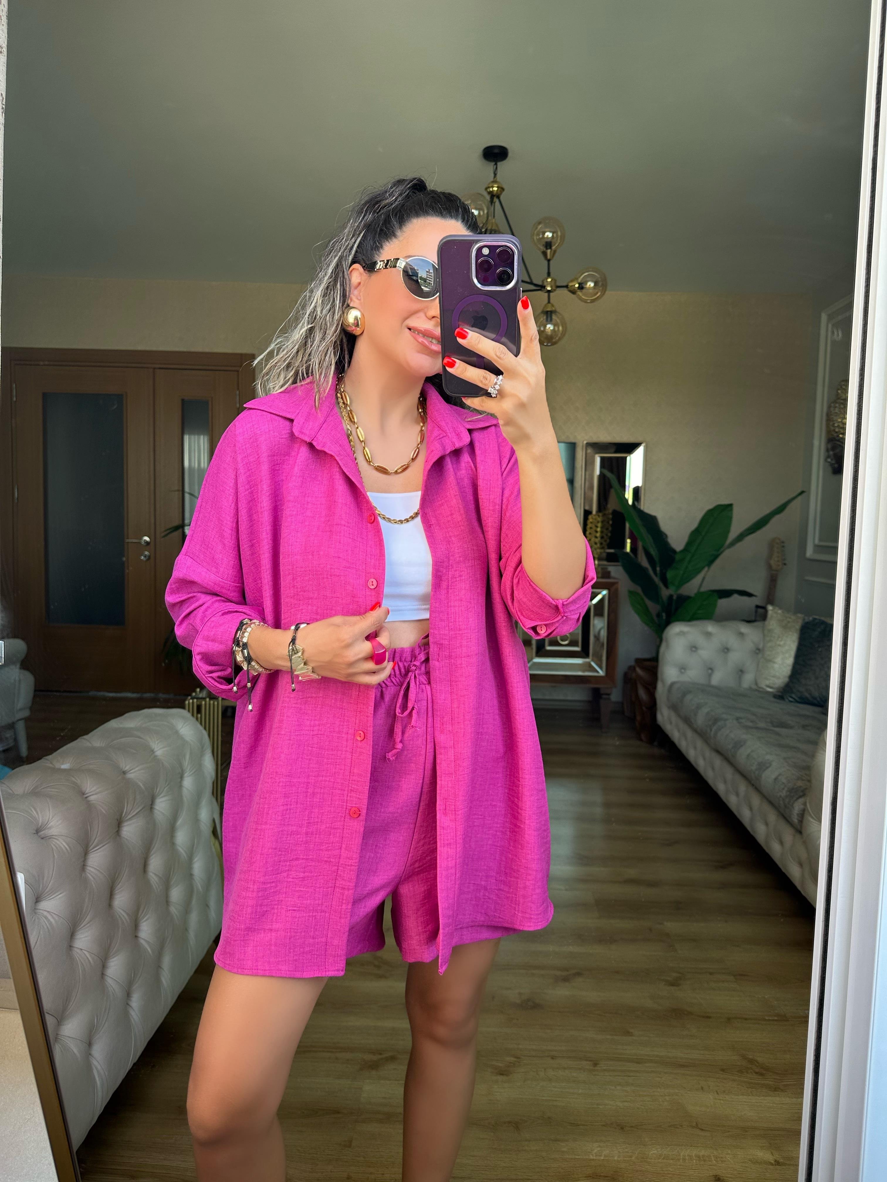 Pembe Orj Marka Şort Gömlek Takım