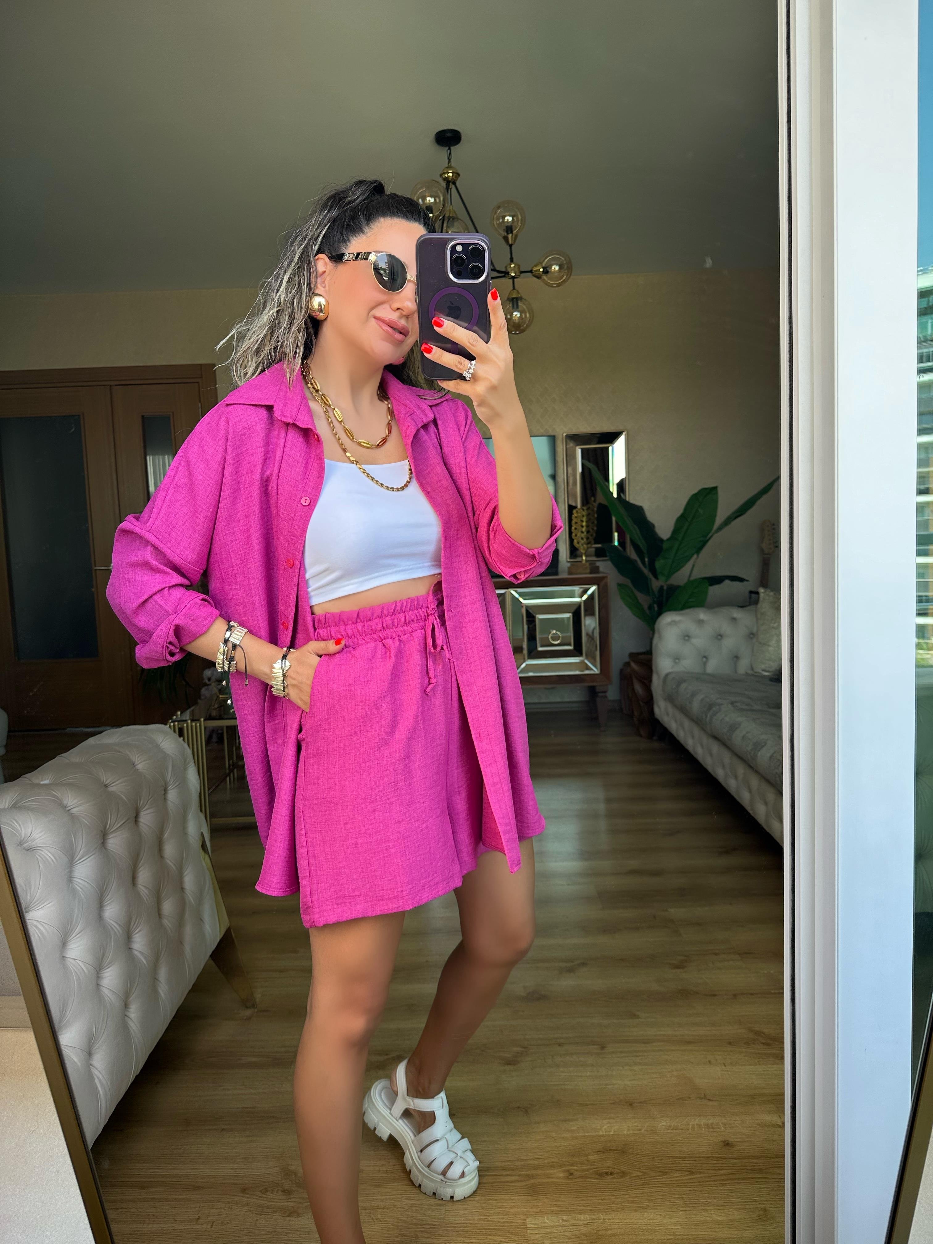 Pembe Orj Marka Şort Gömlek Takım
