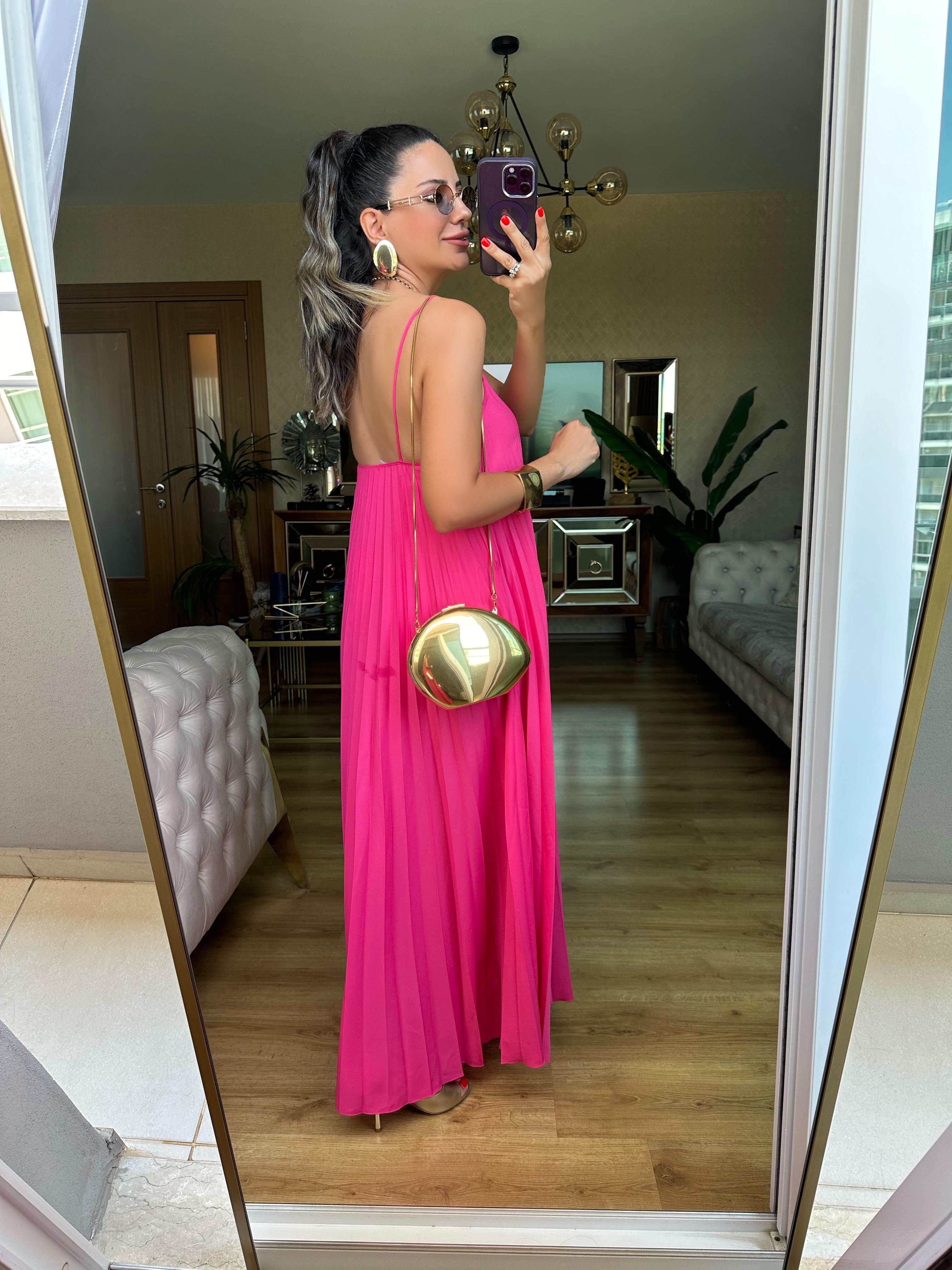 Pembe Pliseli Askılı Elbise