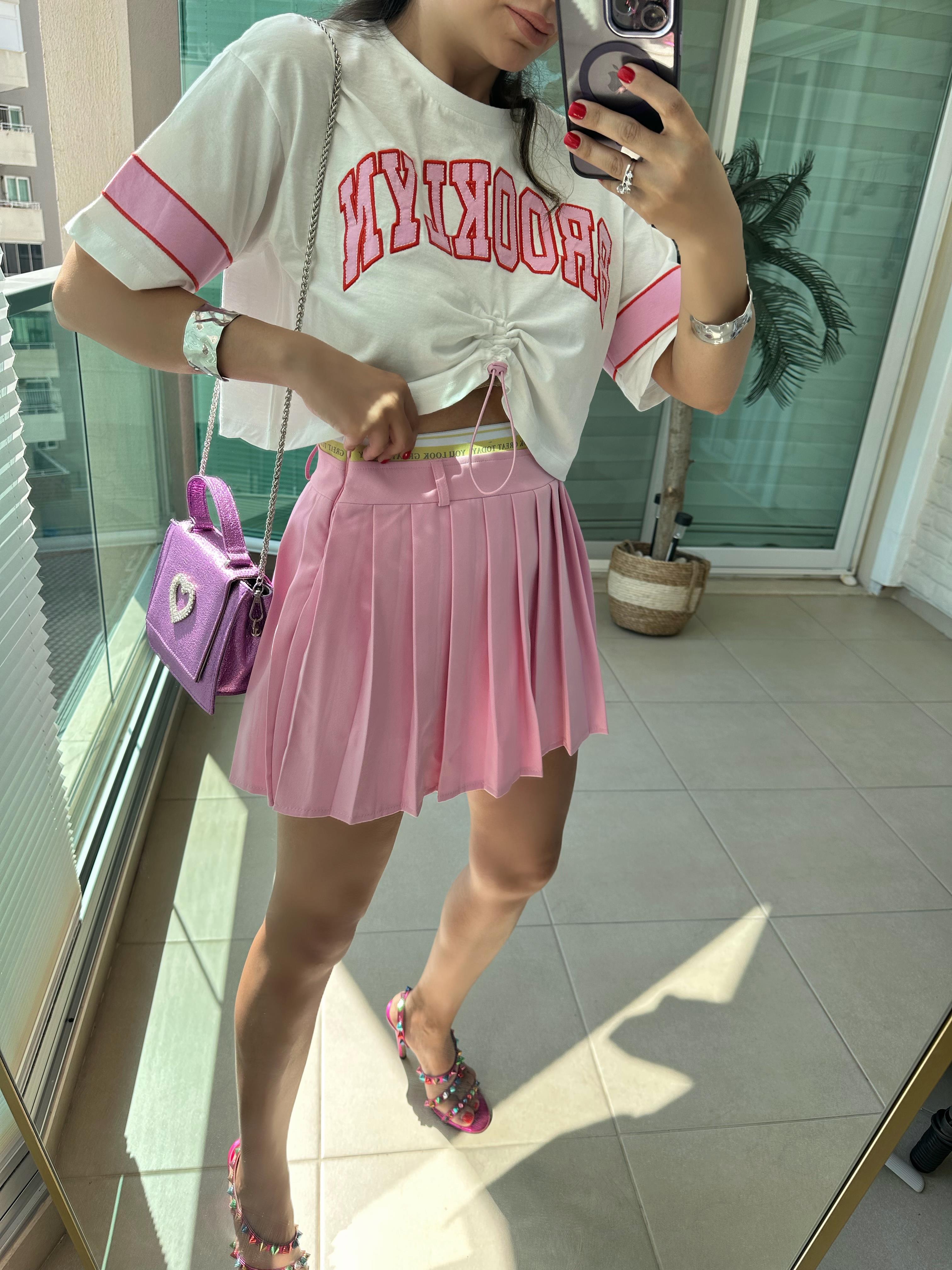 Pembe Pliseli Şort Etek