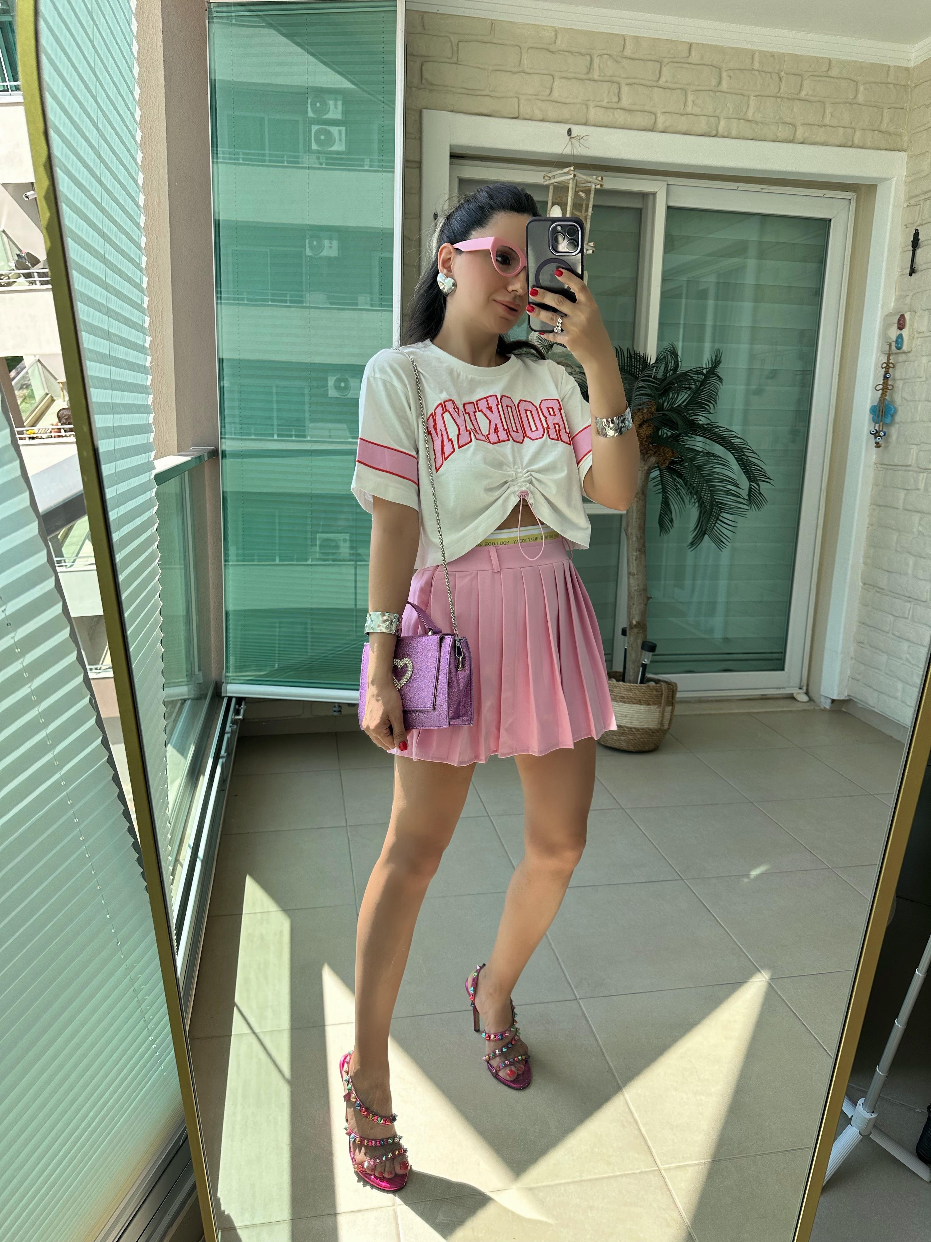 Pembe Pliseli Şort Etek