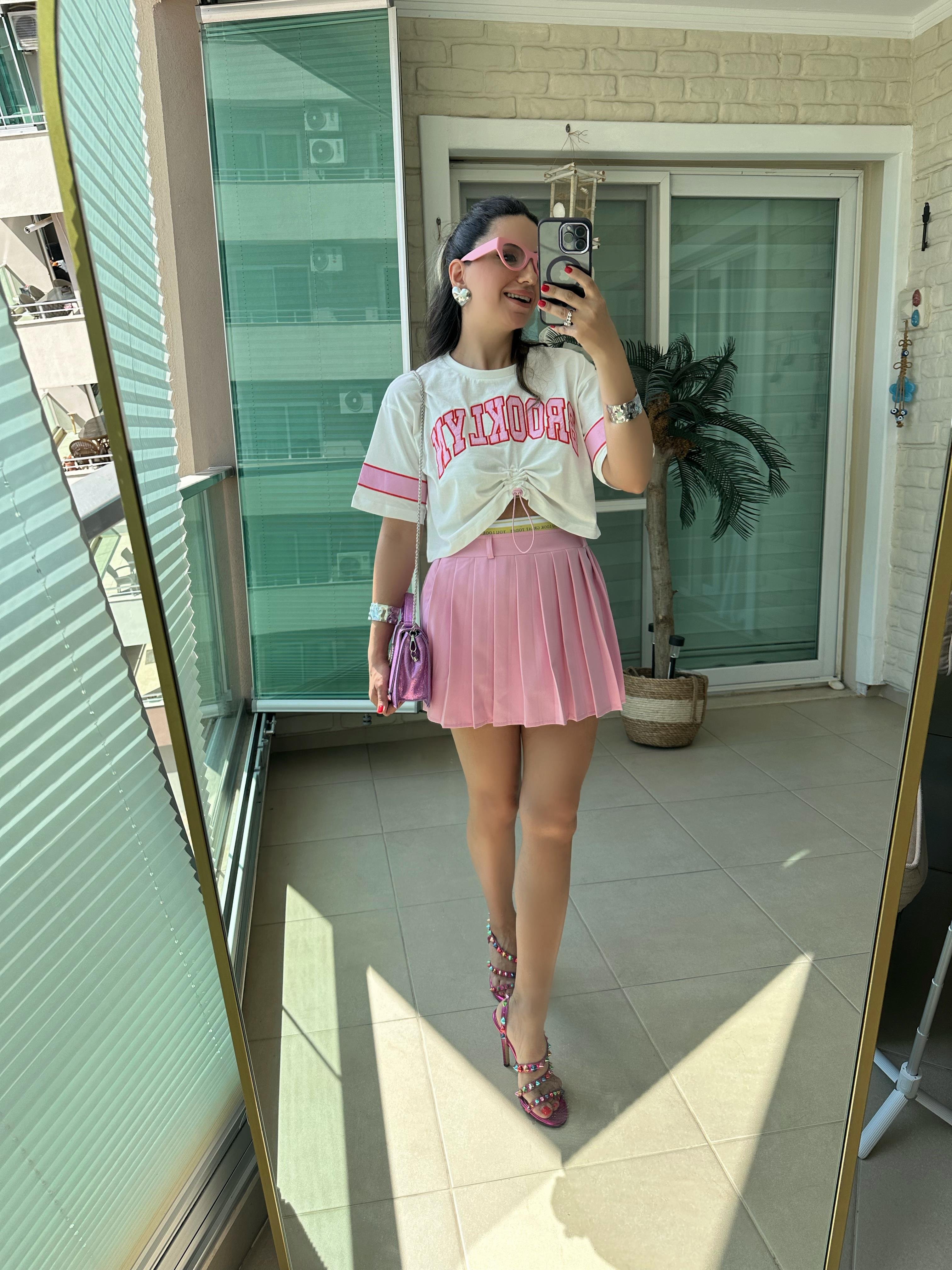 Pembe Pliseli Şort Etek