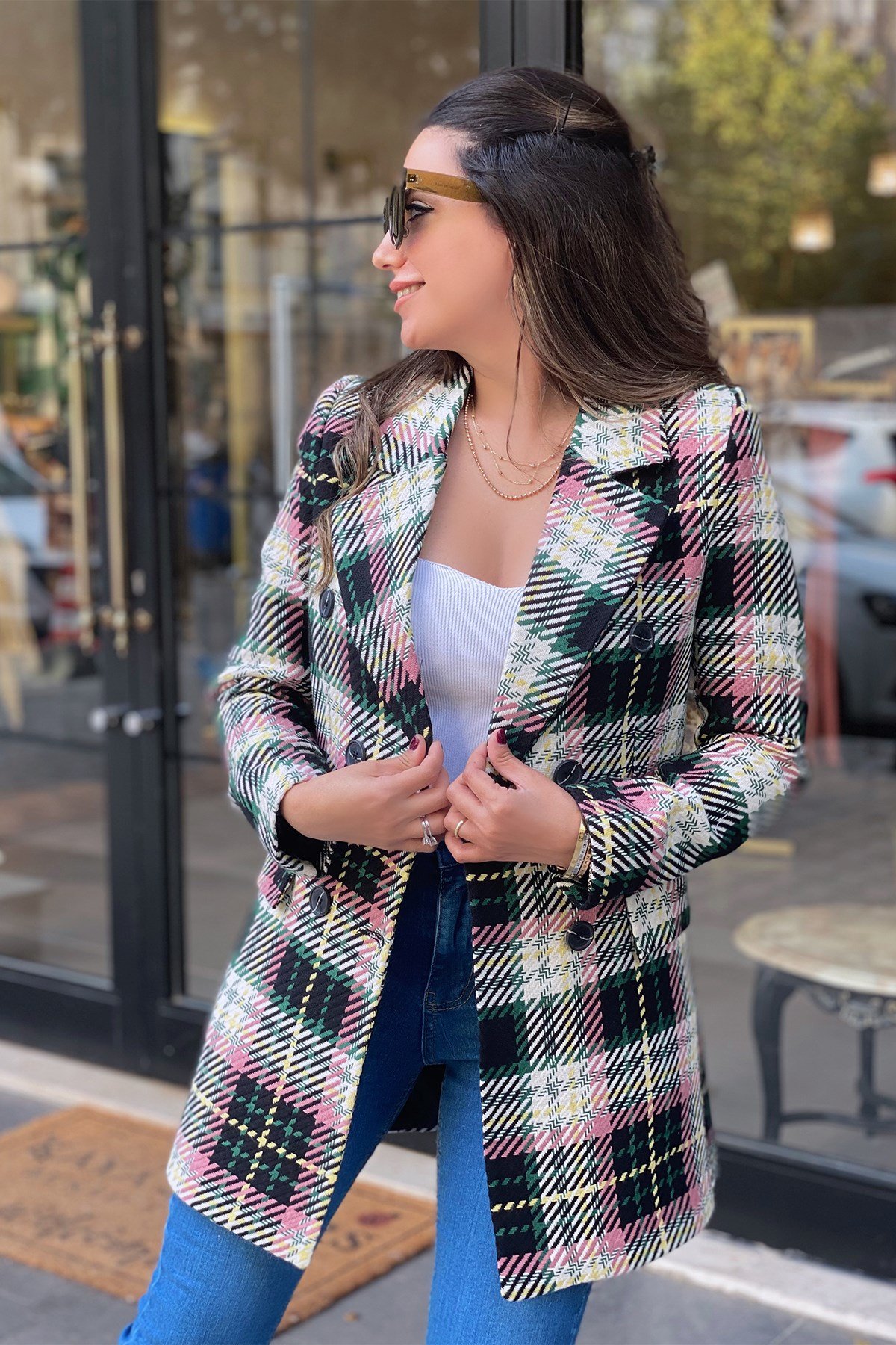 Pembe Sarı Desenli Ekose Blazer Ceket