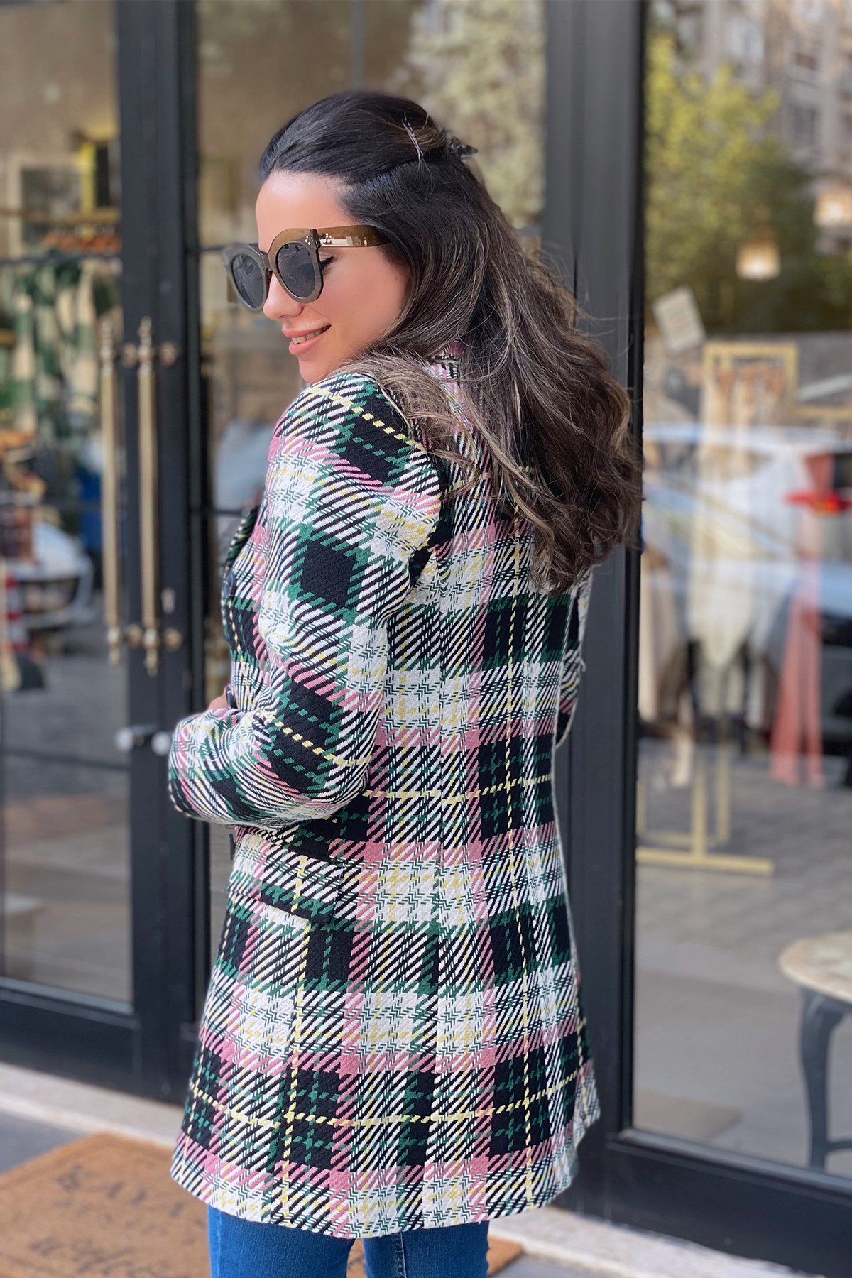 Pembe Sarı Desenli Ekose Blazer Ceket