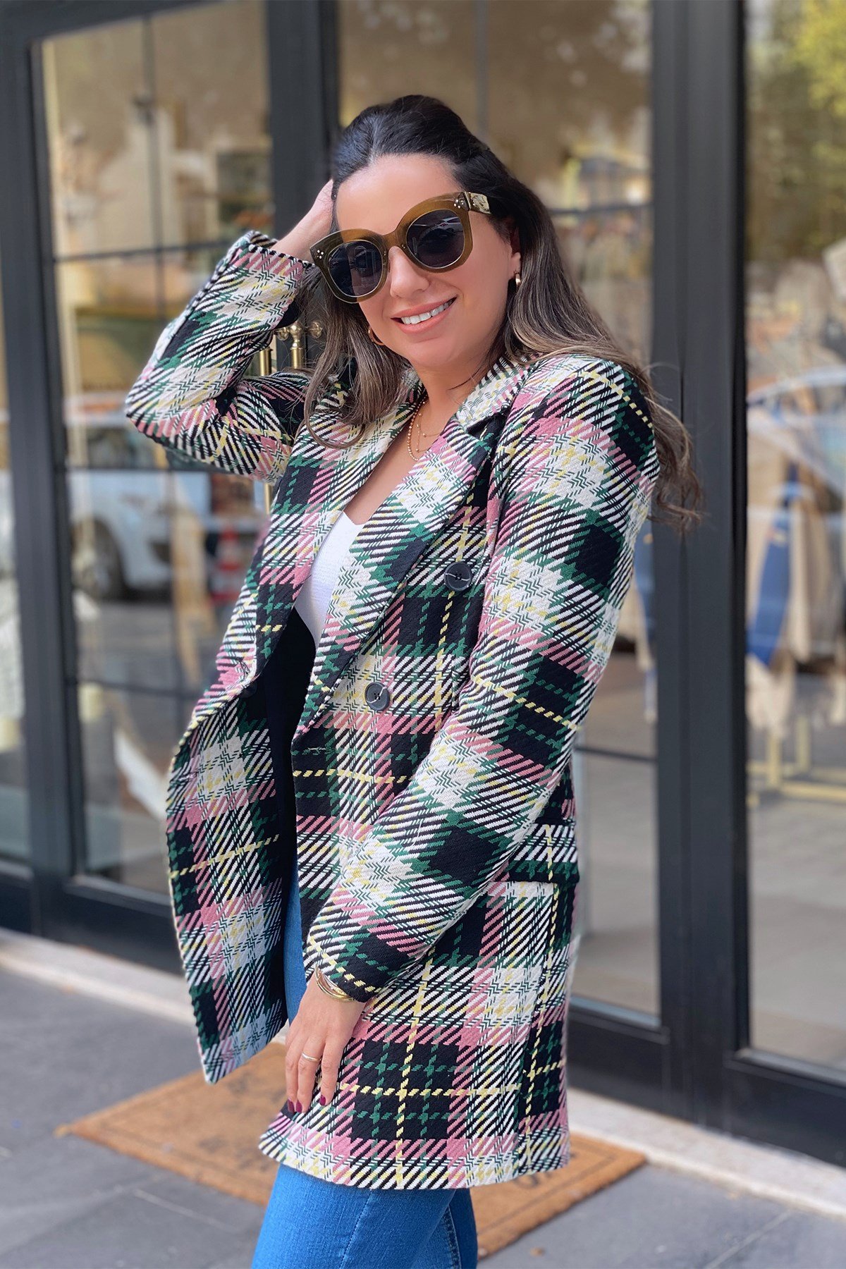 Pembe Sarı Desenli Ekose Blazer Ceket