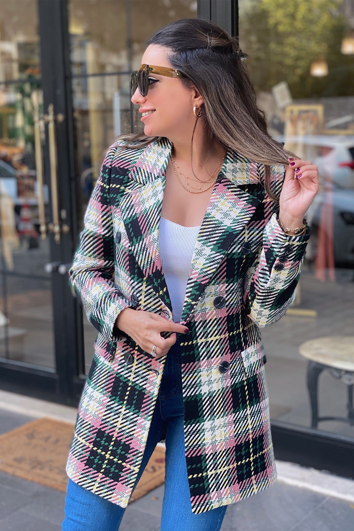 Pembe Sarı Desenli Ekose Blazer Ceket