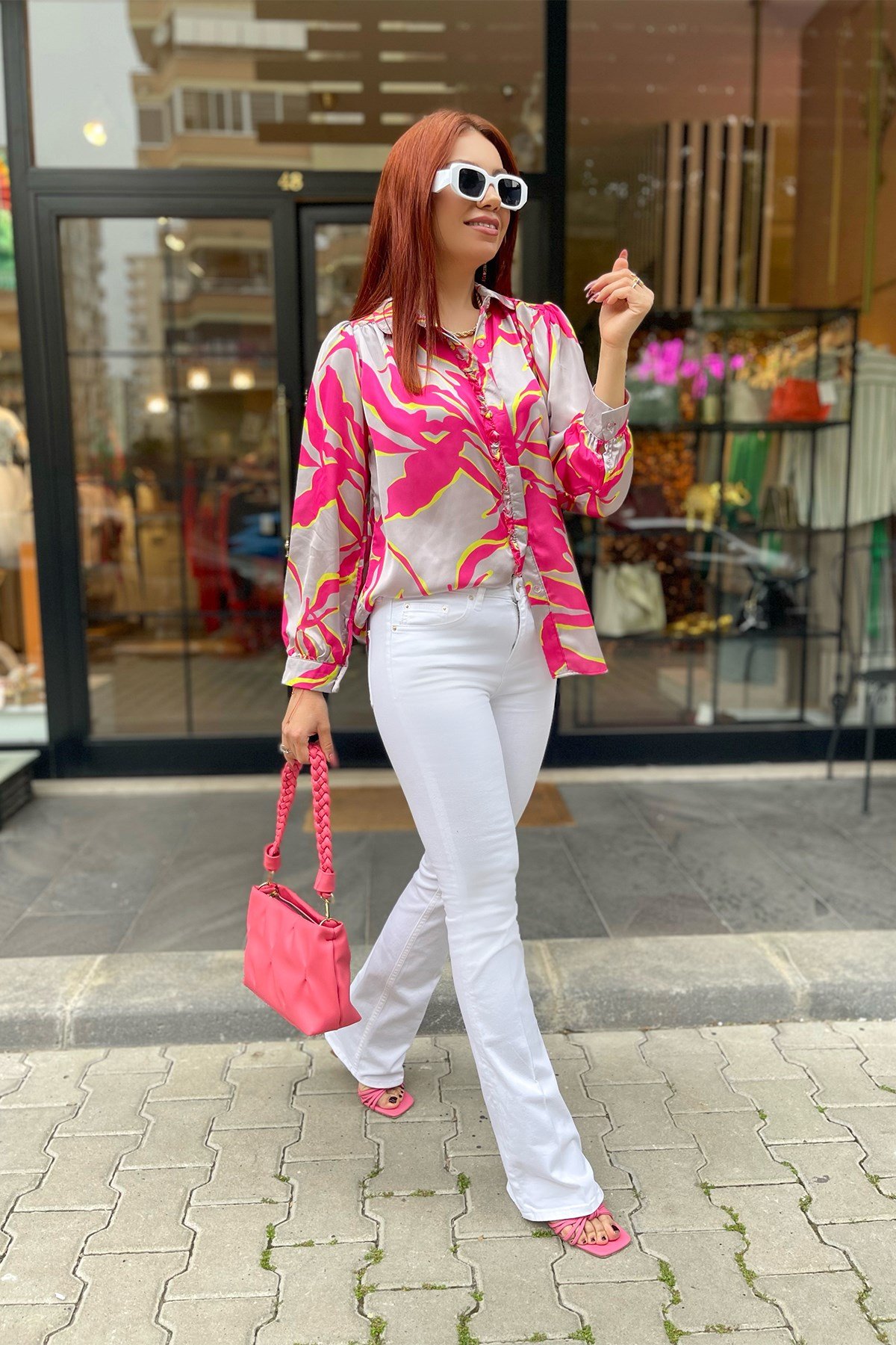 Pembe Sarı Desenli Saten Gömlek