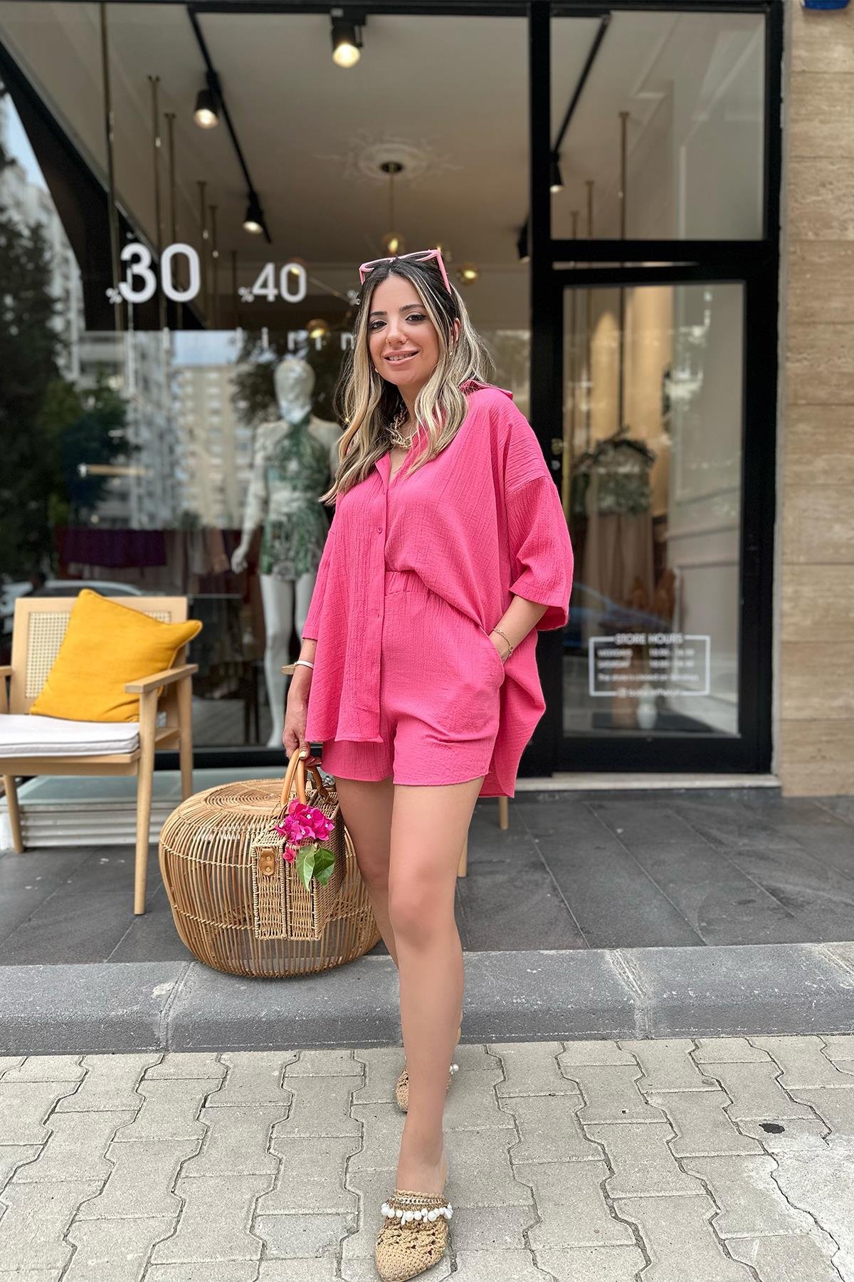 Pembe Şort Gömlek Takım