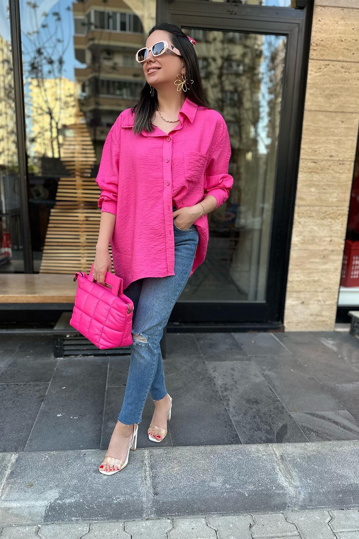 Pembe Tek Cepli Oversize Gömlek