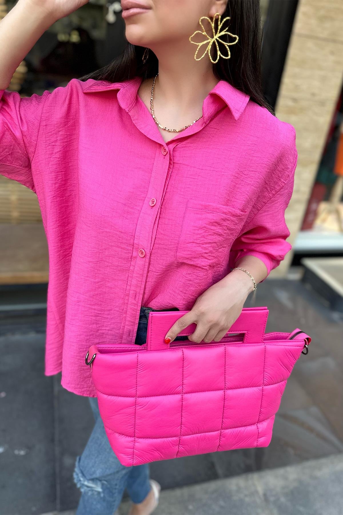 Pembe Tek Cepli Oversize Gömlek