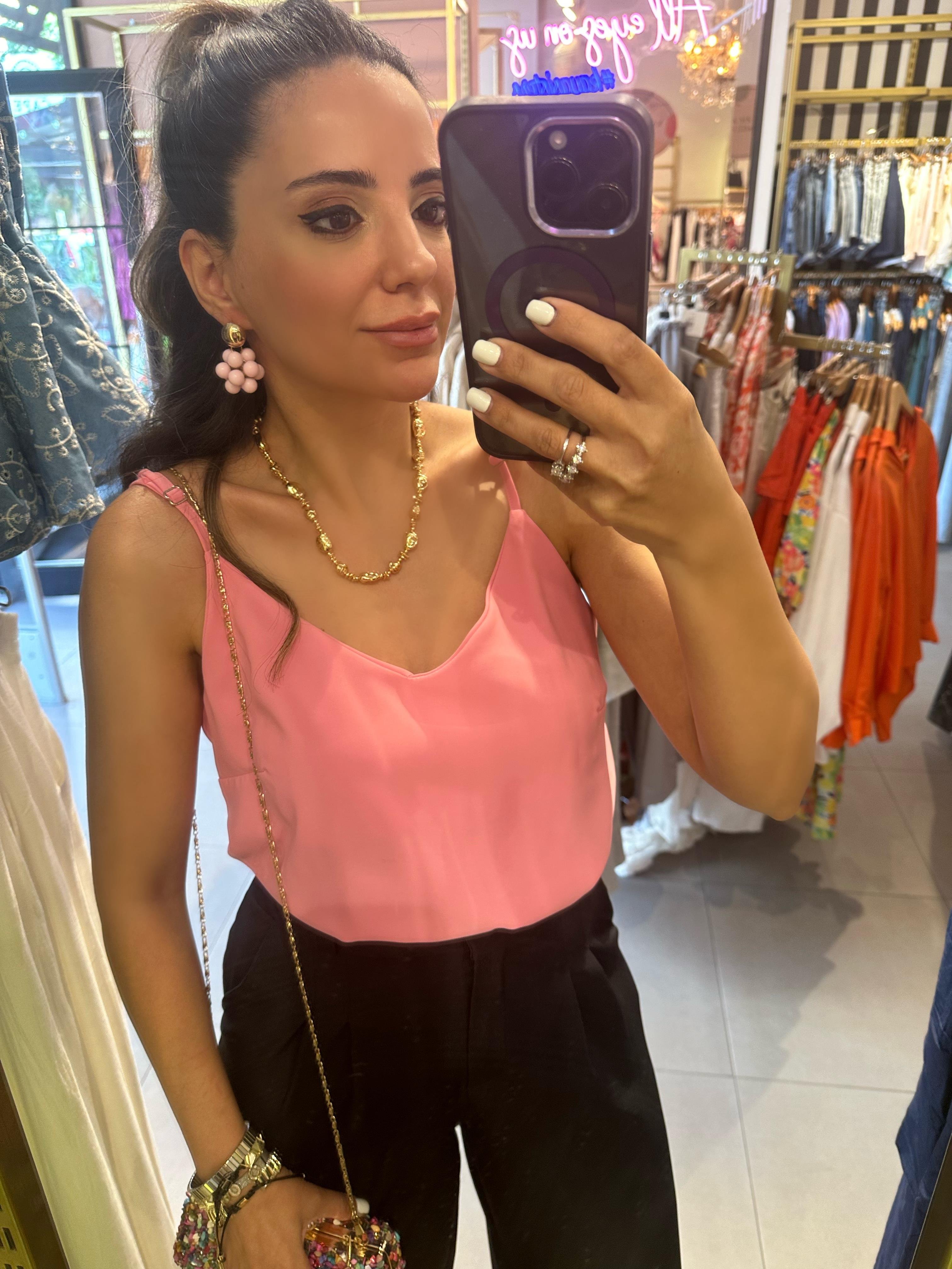 Pembe V Yaka İp Askılı Bluz