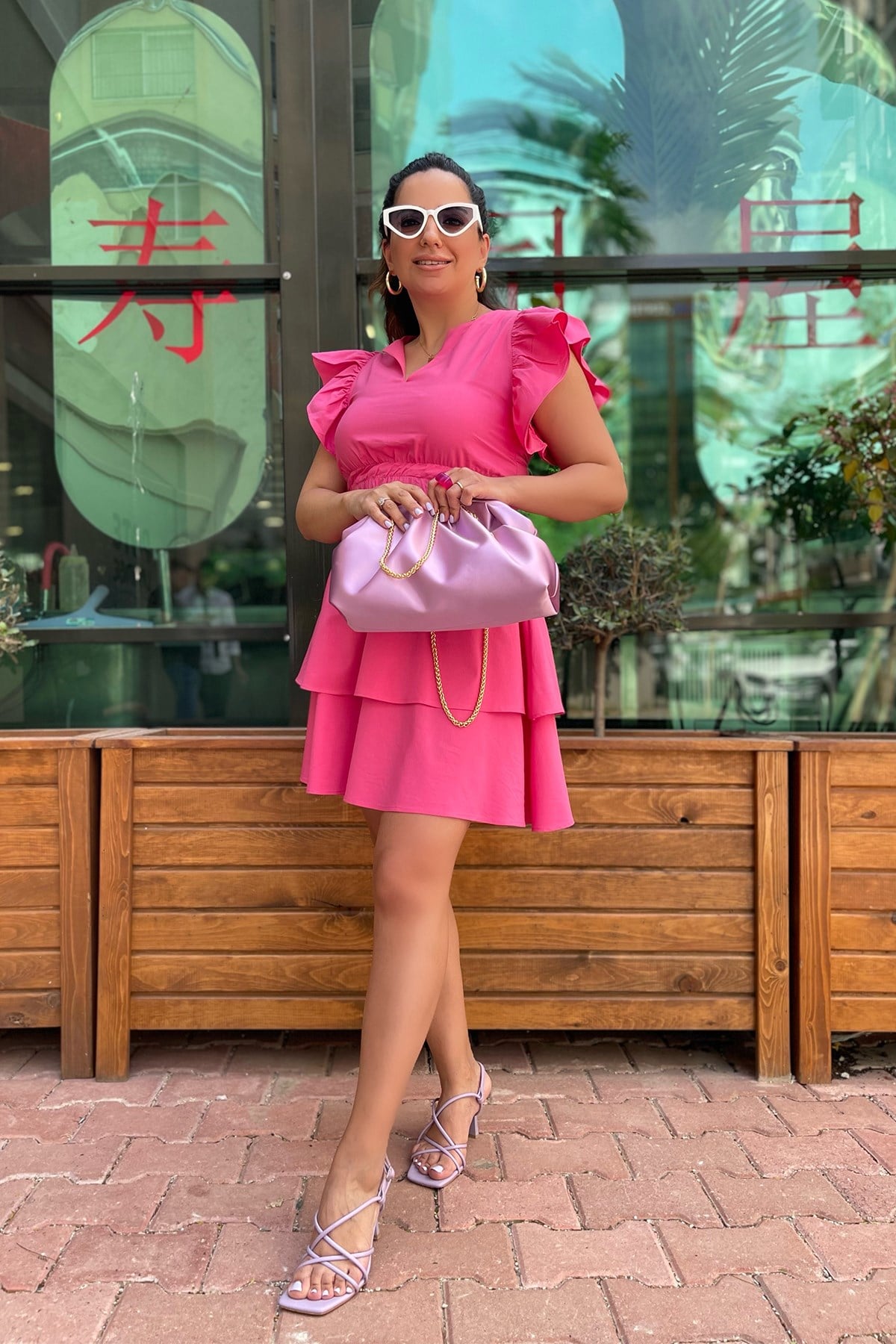 Pembe Volanlı Poplin Elbise