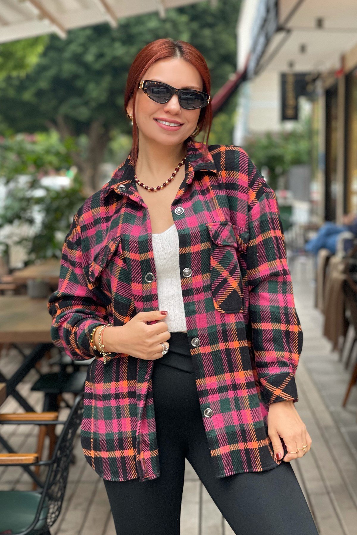 Pembe Yeşil Çift Cep Detaylı Gömlek