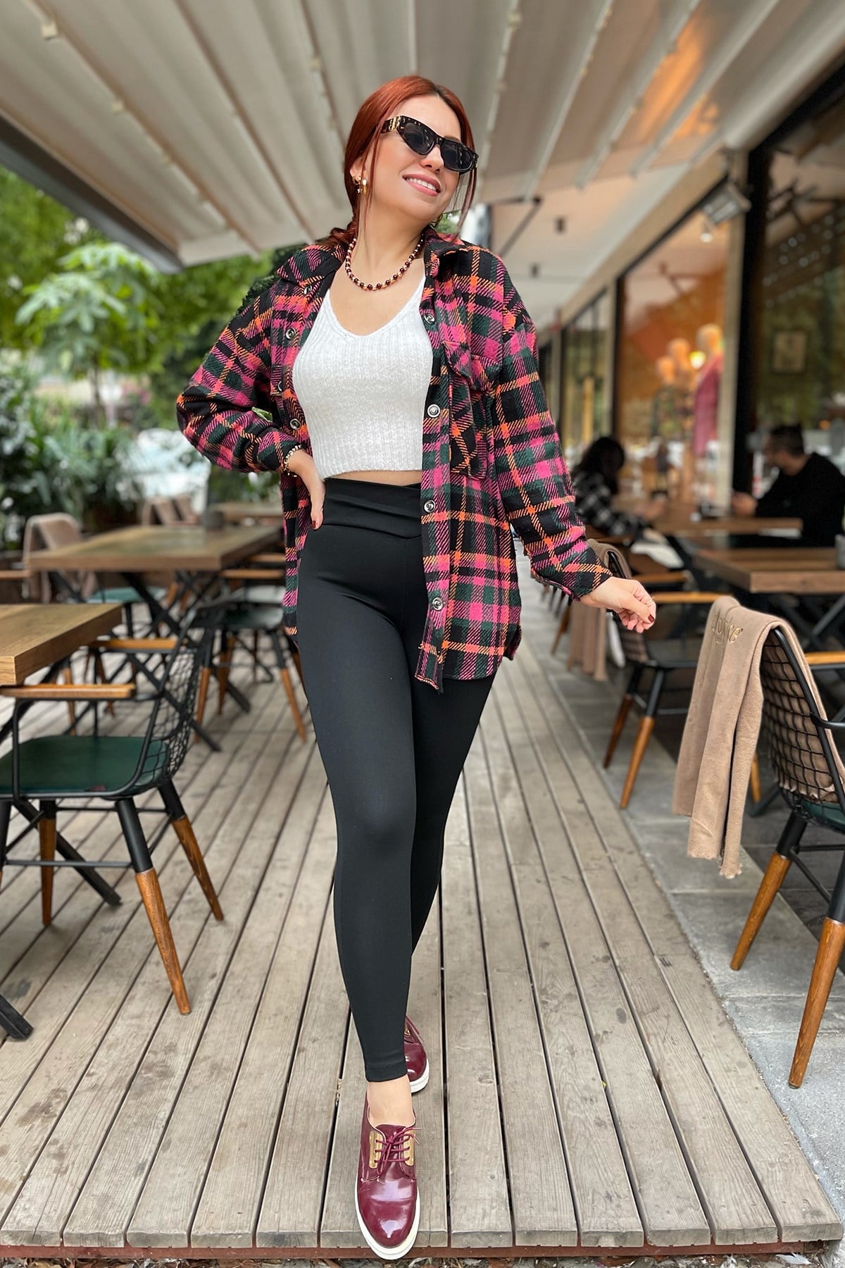 Pembe Yeşil Çift Cep Detaylı Gömlek