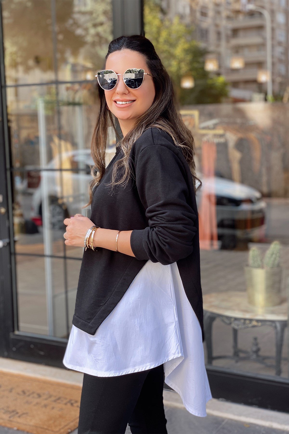 Poplin Detaylı Siyah Sweat