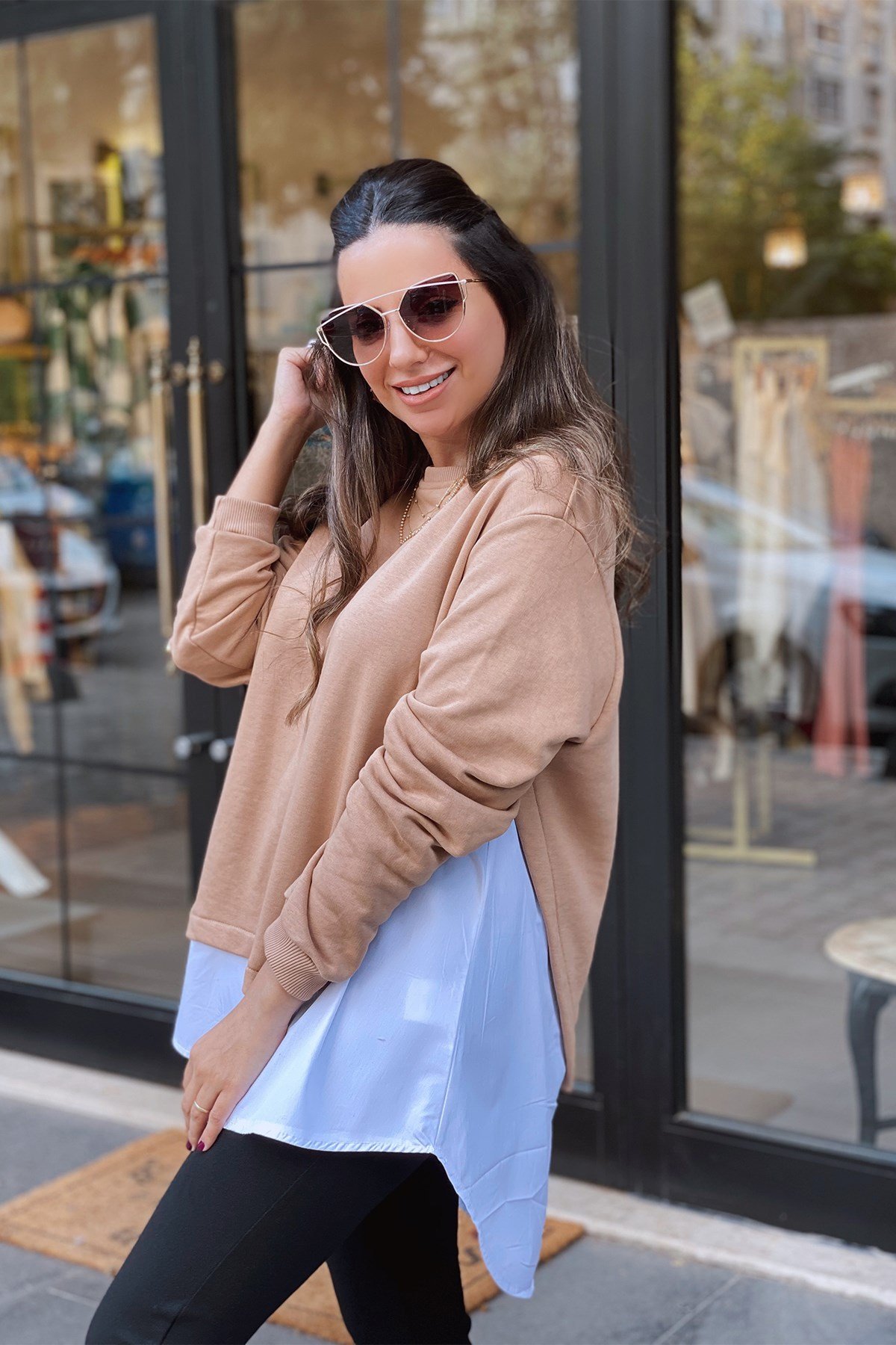 Poplin Detaylı Vizon Sweat